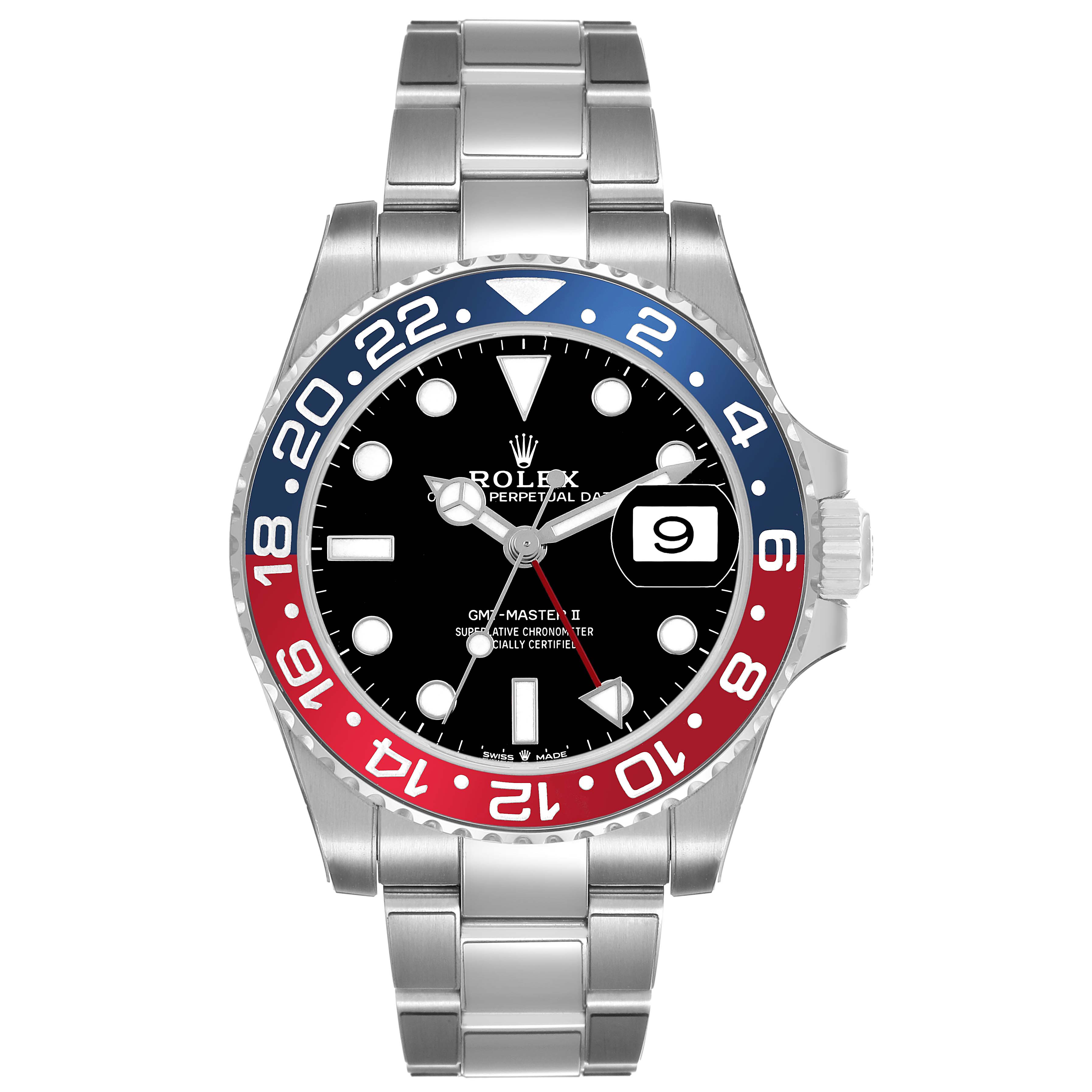 The Rolex GMT-Master 126710 Men's Stainless Steel Black Dial watch is shown from the front, displaying its bezel, dial, hands, and stainless steel bracelet.