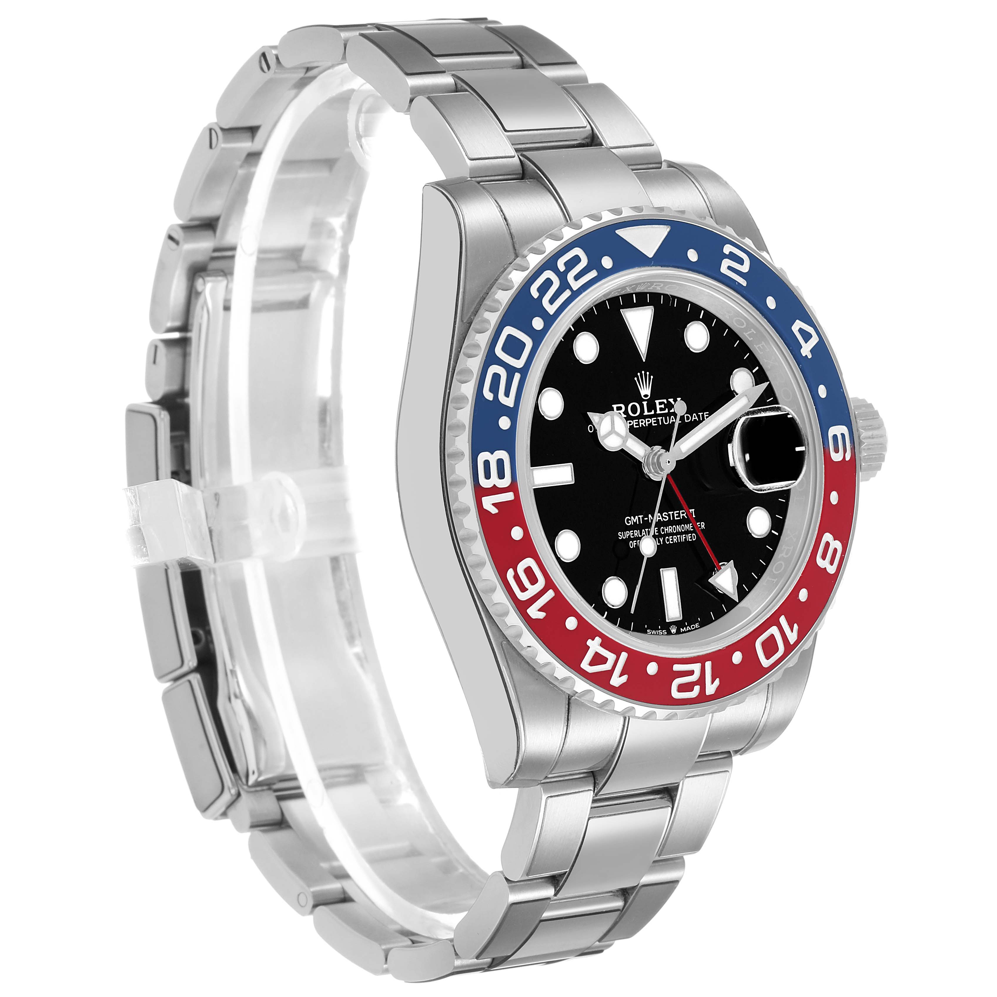 The Rolex GMT-Master 126710 Men's Stainless Steel Black Dial watch is shown at a left-front angle, displaying the bezel, dial, crown, and stainless steel bracelet.