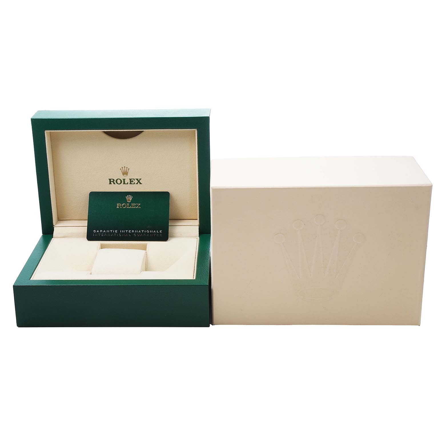 The image shows a Rolex GMT-Master 126710 Men's Stainless Steel Black Dial watch box with an open green interior and card, alongside a beige outer box.