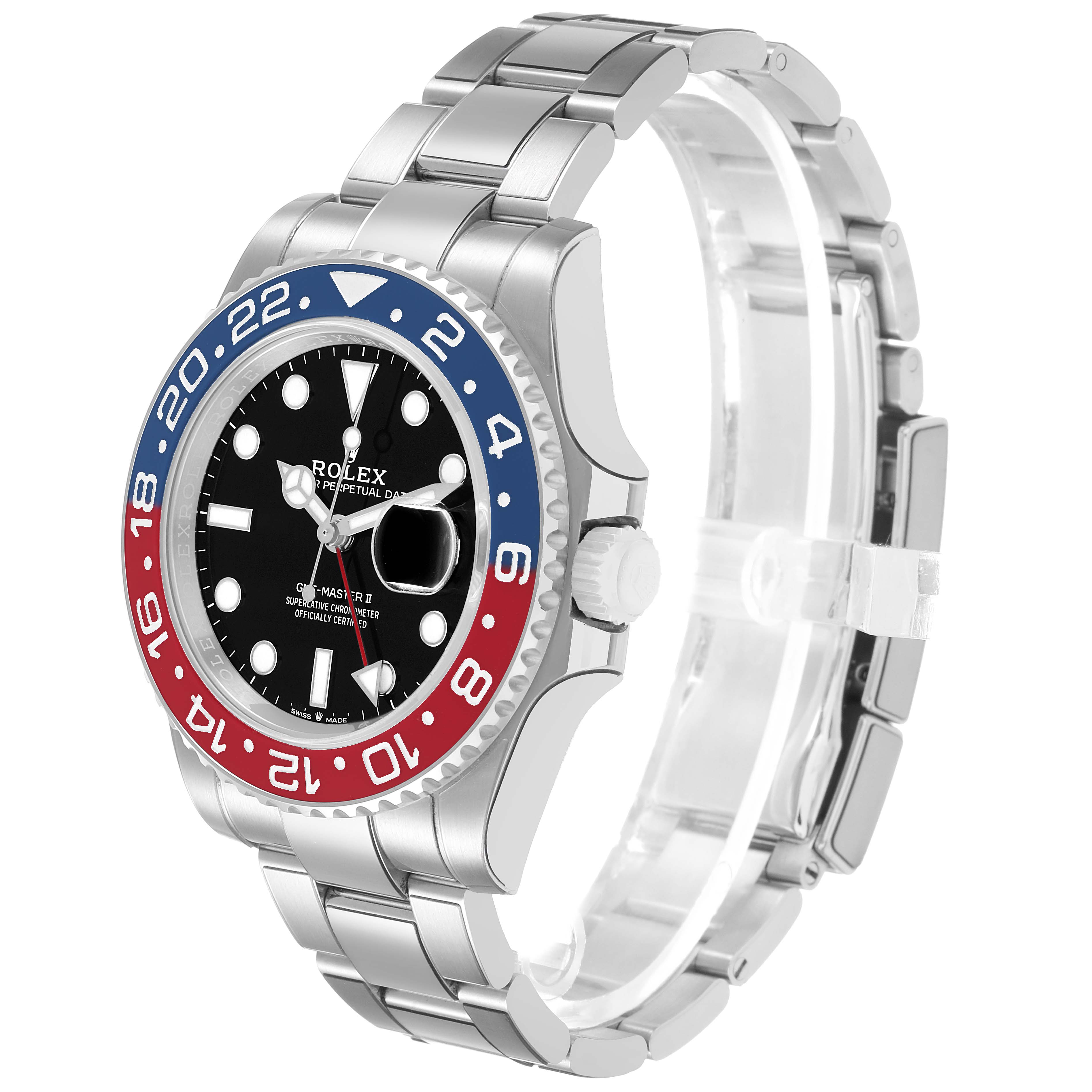 The Rolex GMT-Master 126710 Men's Stainless Steel Black Dial watch is shown at an angle displaying the bezel, dial, crown, and bracelet.