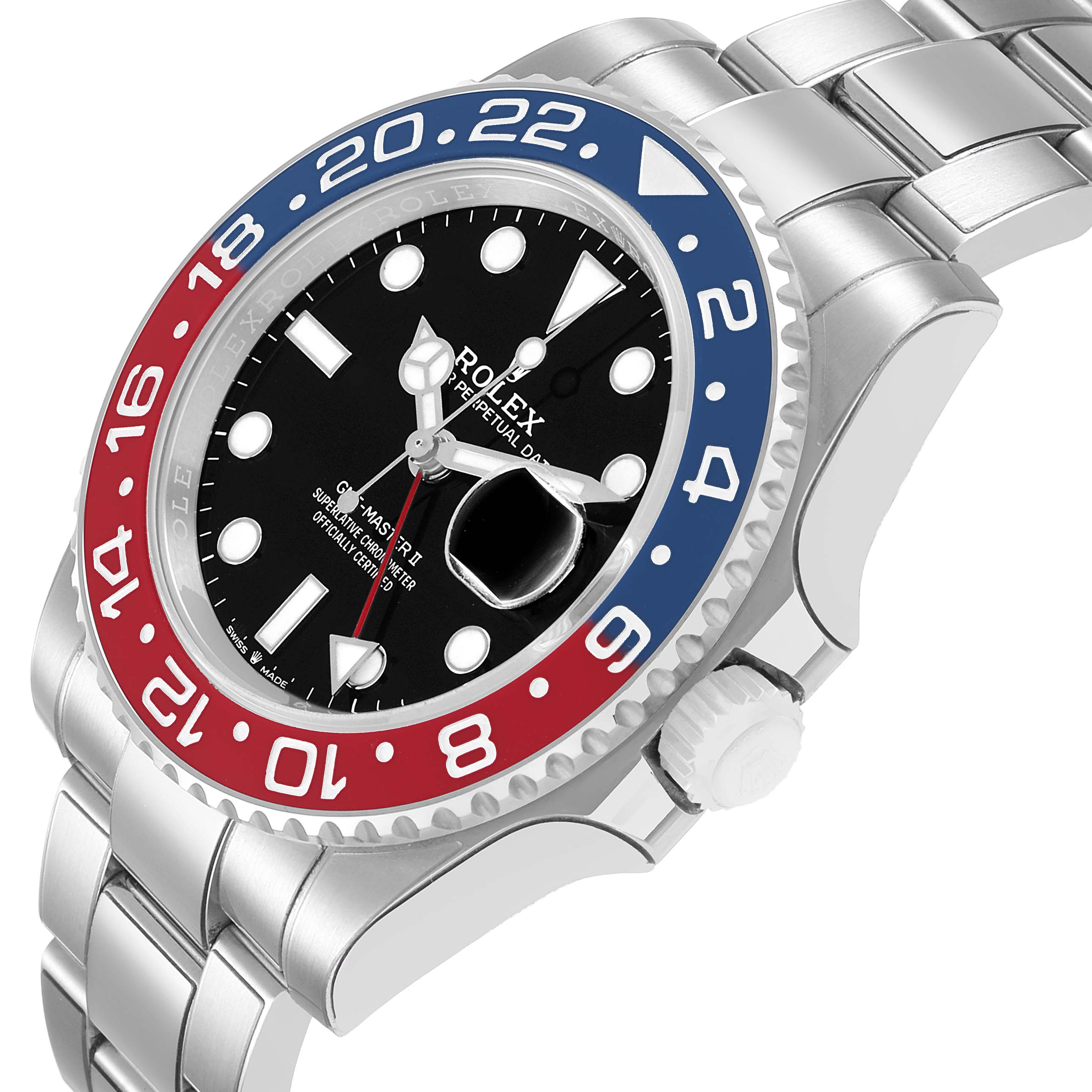 The image shows a Rolex GMT-Master 126710 Men's Stainless Steel Black Dial watch at a three-quarter angle, highlighting the bezel, crown, bracelet, and face.