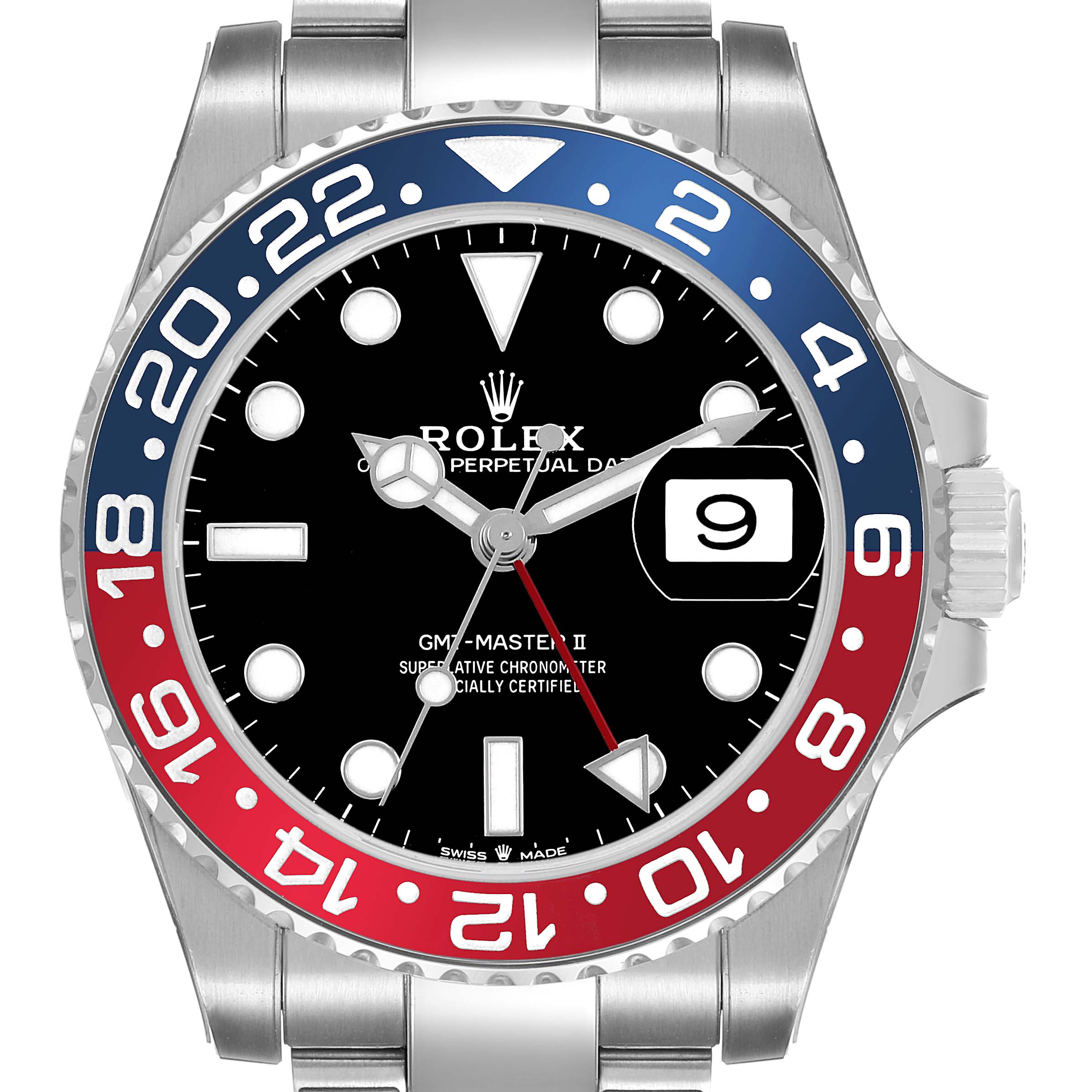 The Rolex GMT-Master 126710 Men's Stainless Steel Black Dial watch is shown from the front, highlighting the face with a red and blue bezel and stainless steel bracelet.