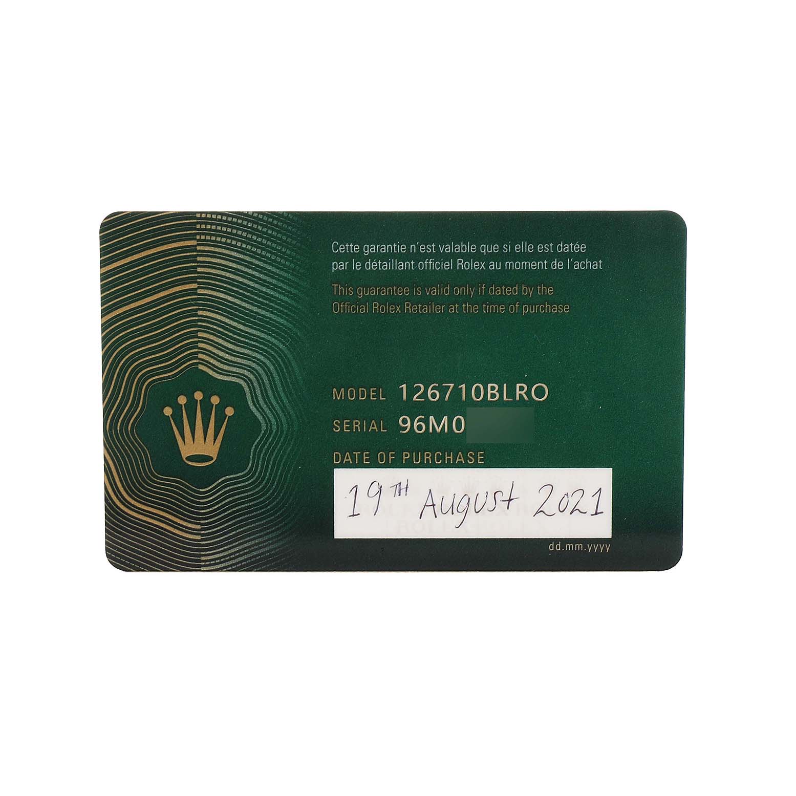 The image shows a warranty card for a Rolex GMT-Master 126710 Men's Stainless Steel Black Dial model 126710BLRO, featuring the serial number and purchase date.
