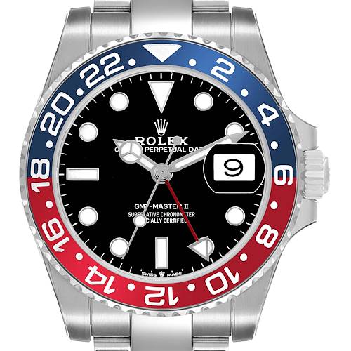 The image shows a Rolex GMT-Master 126710 Men's Stainless Steel Black Dial II watch face from the front, featuring a red and blue bezel.