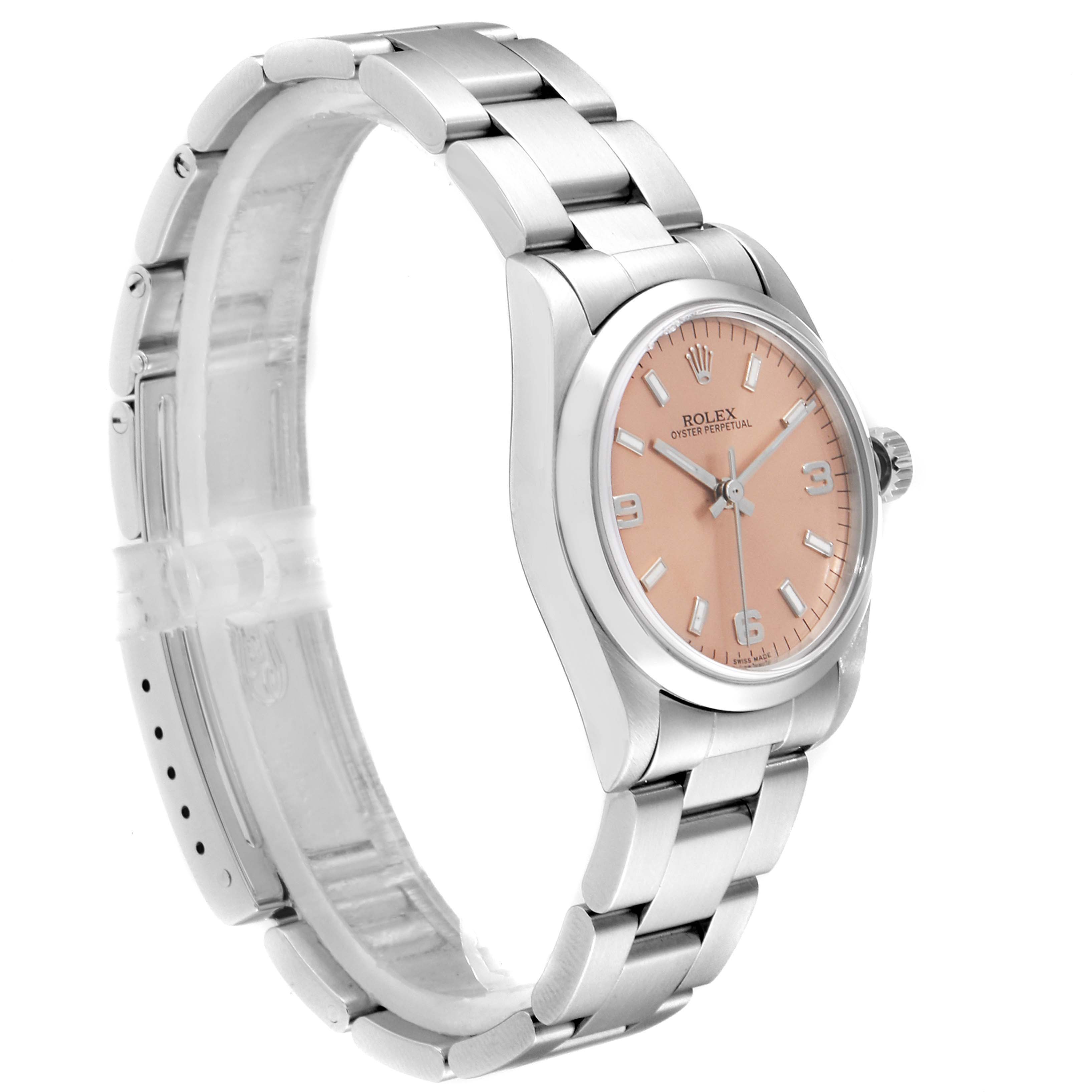 The image shows the Rolex Oyster Perpetual Mid-Size watch at a side angle, displaying its face and bracelet.