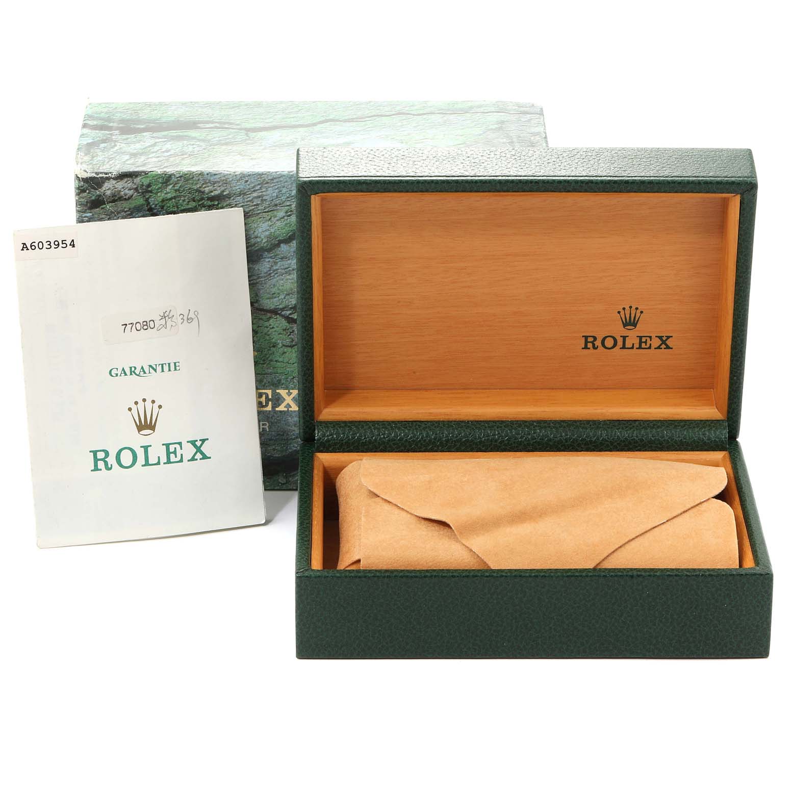 The image shows an open Rolex Mid-Size 77080 Women
s Stainless Steel Pink Dial 77080 Women
s Stainless Steel Pink Dial model watch box with a certificate of guarantee beside it.