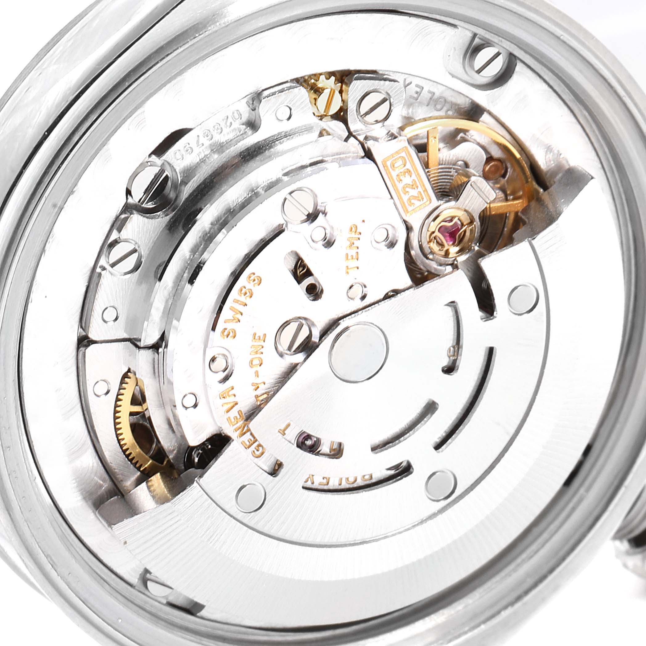 The image shows the internal movement of a Rolex Mid-Size 77080 Women
s Stainless Steel Pink Dial 77080 Women
s Stainless Steel Pink Dial model watch, viewed from the back.