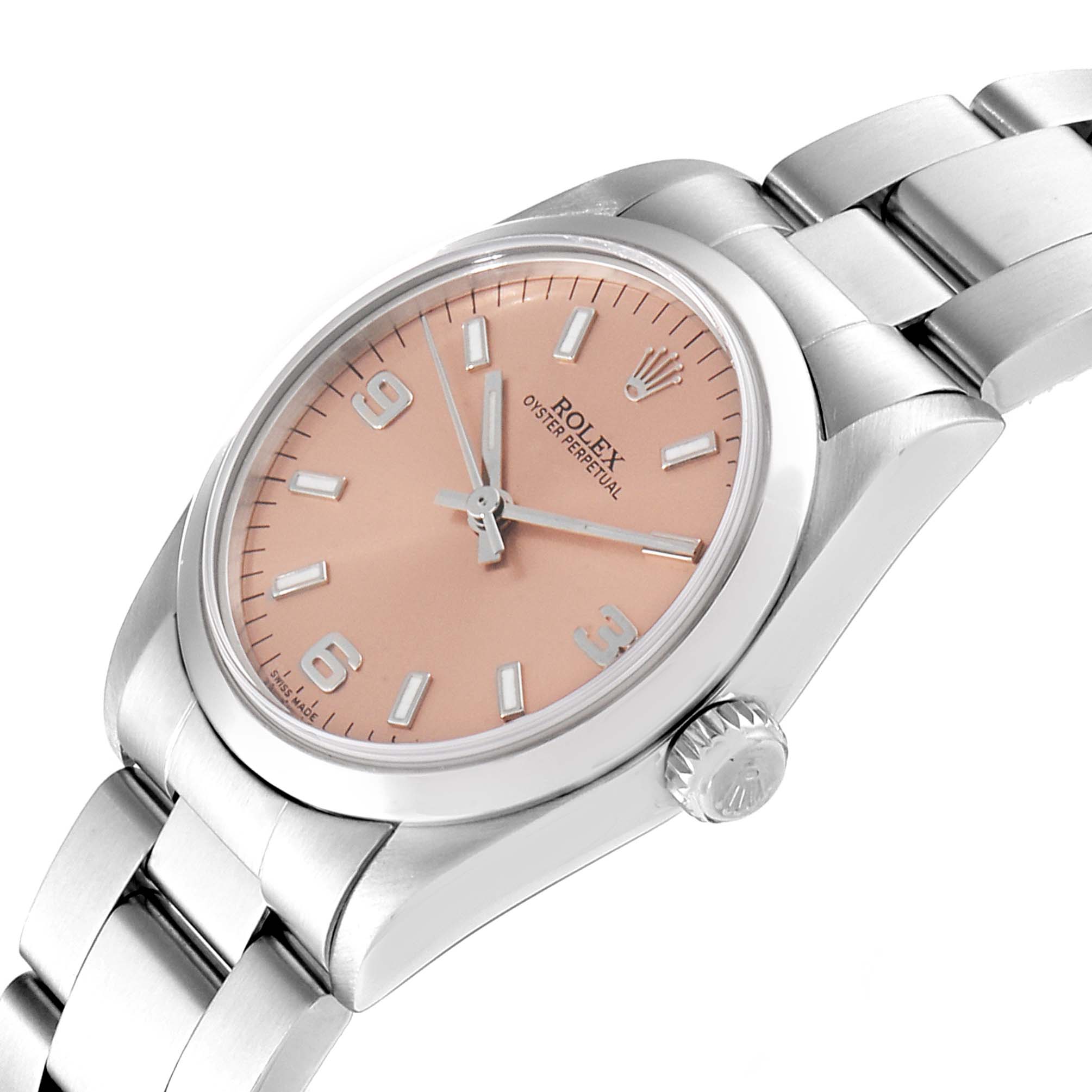 This Rolex Mid-Size 77080 Women
s Stainless Steel Pink Dial 77080 Women
s Stainless Steel Pink Dial watch is shown at an angled view, highlighting the face, bezel, crown, and bracelet.