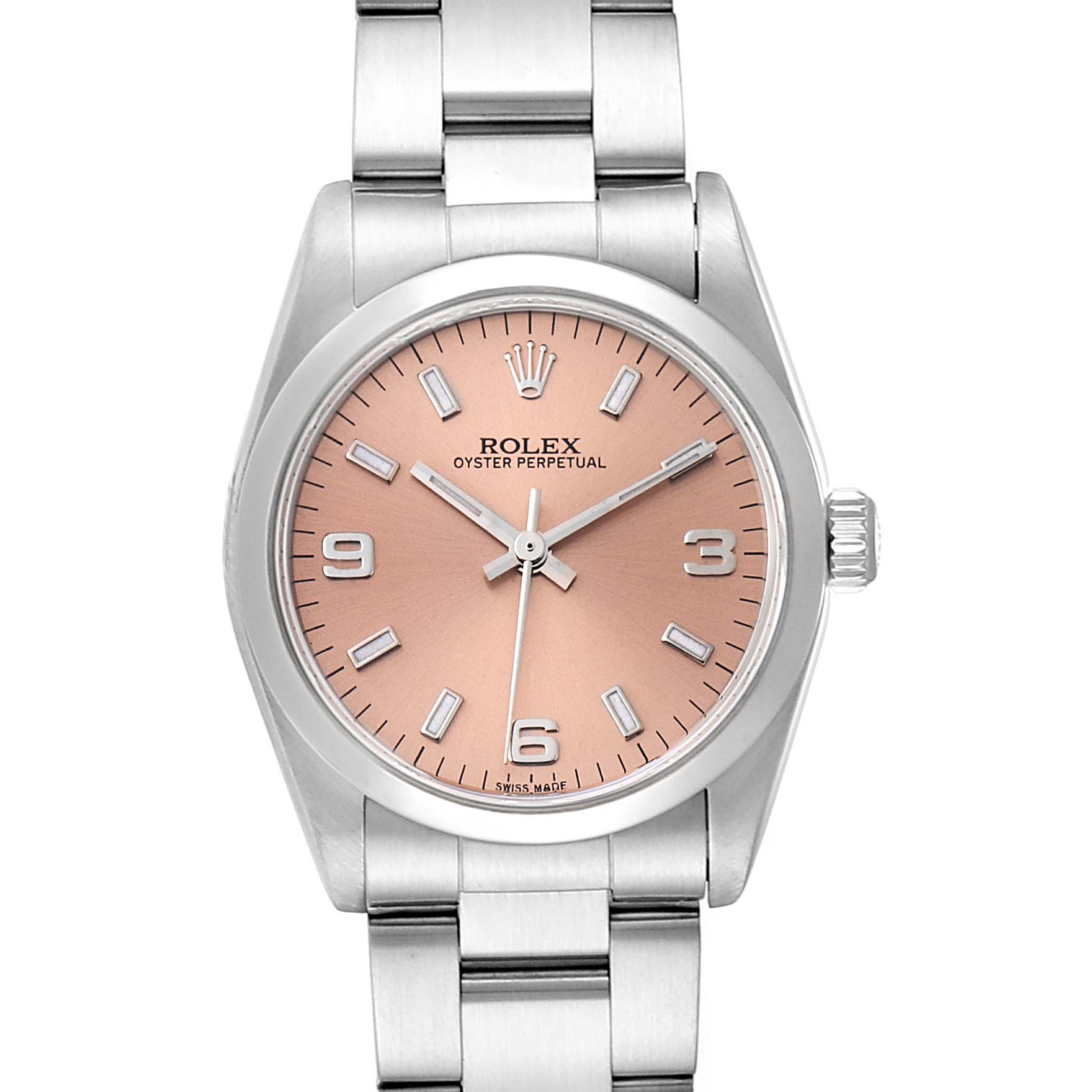The image shows a front view of a Rolex Oyster Perpetual Mid-Size watch with a pink dial and stainless steel bracelet.