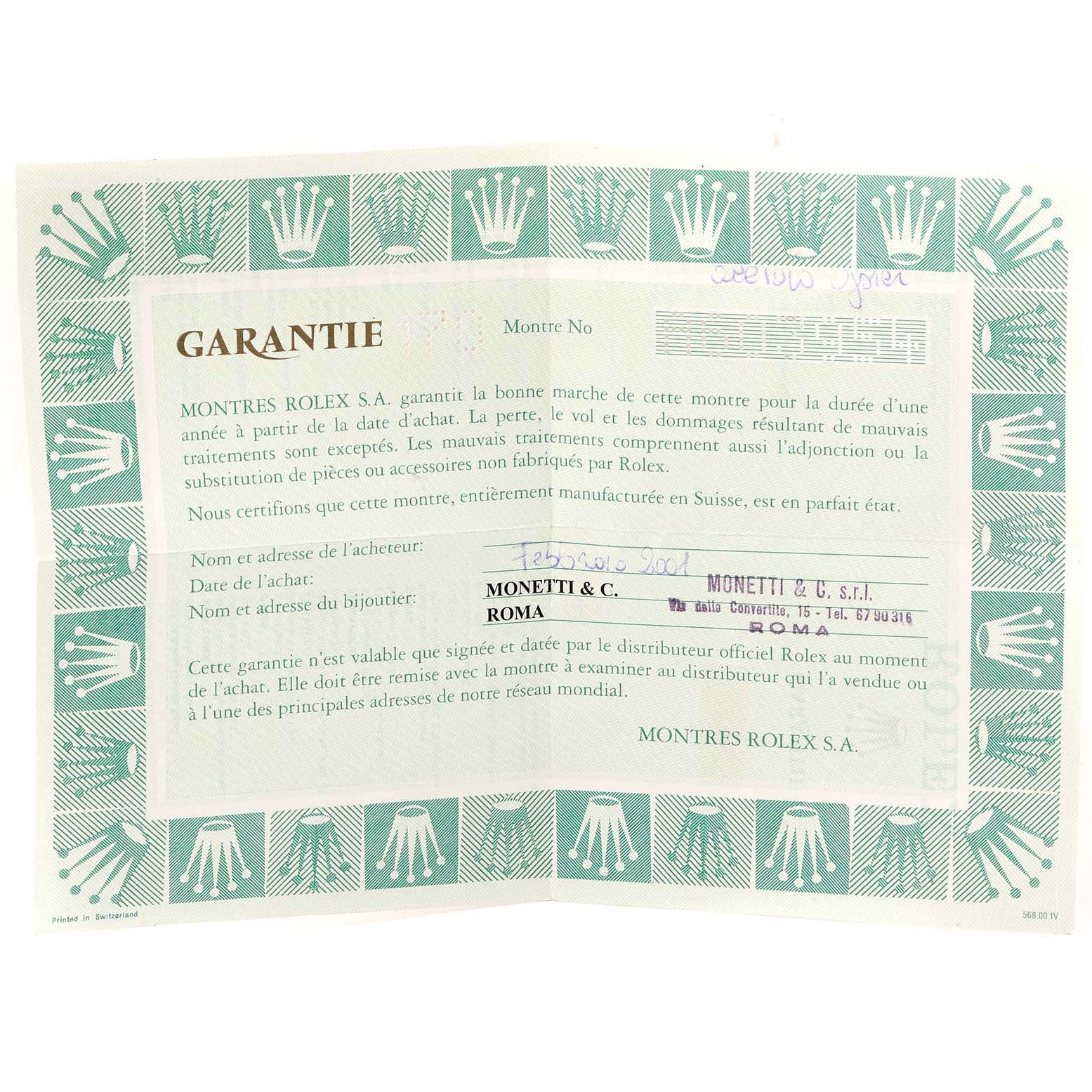 The image shows a warranty card for a Mid-Size Rolex watch, featuring the brand
s logo and purchase details.