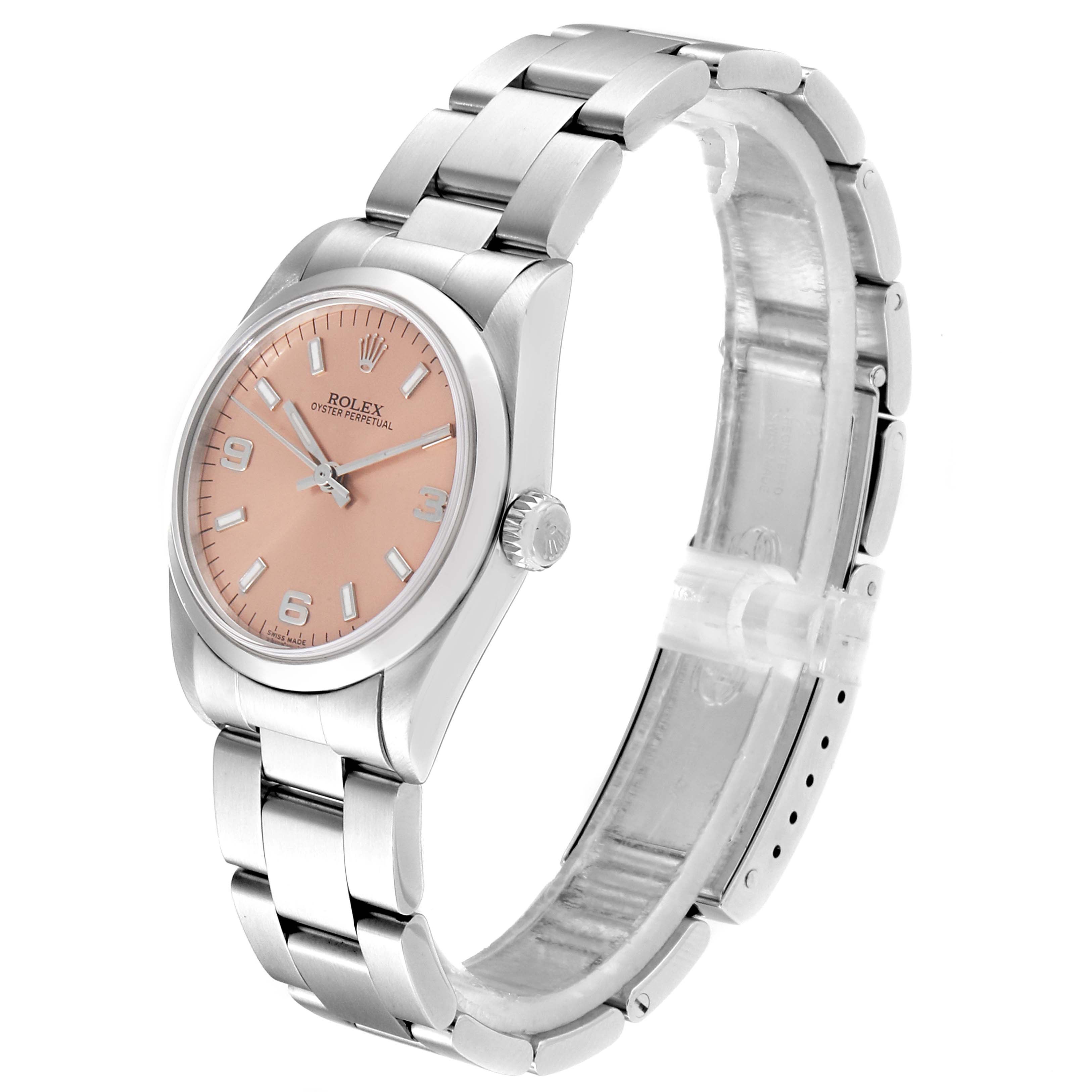 The Rolex Mid-Size 77080 Women
s Stainless Steel Pink Dial 77080 Women
s Stainless Steel Pink Dial watch is shown from a three-quarter angle, displaying the face, bracelet, and crown.