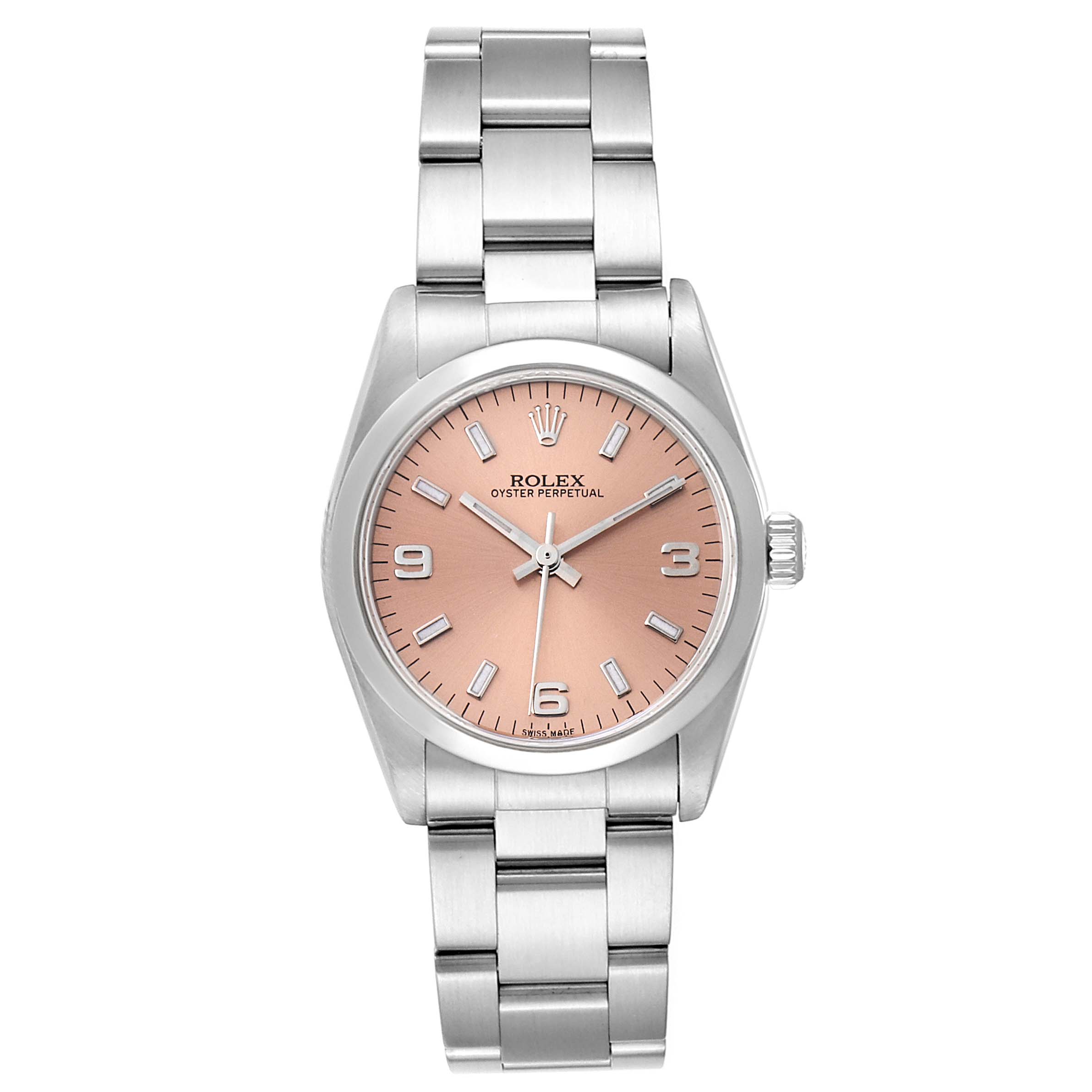 The image shows a front view of a Rolex Mid-Size 77080 Women
s Stainless Steel Pink Dial 77080 Women
s Stainless Steel Pink Dial Oyster Perpetual watch, displaying its face and bracelet.