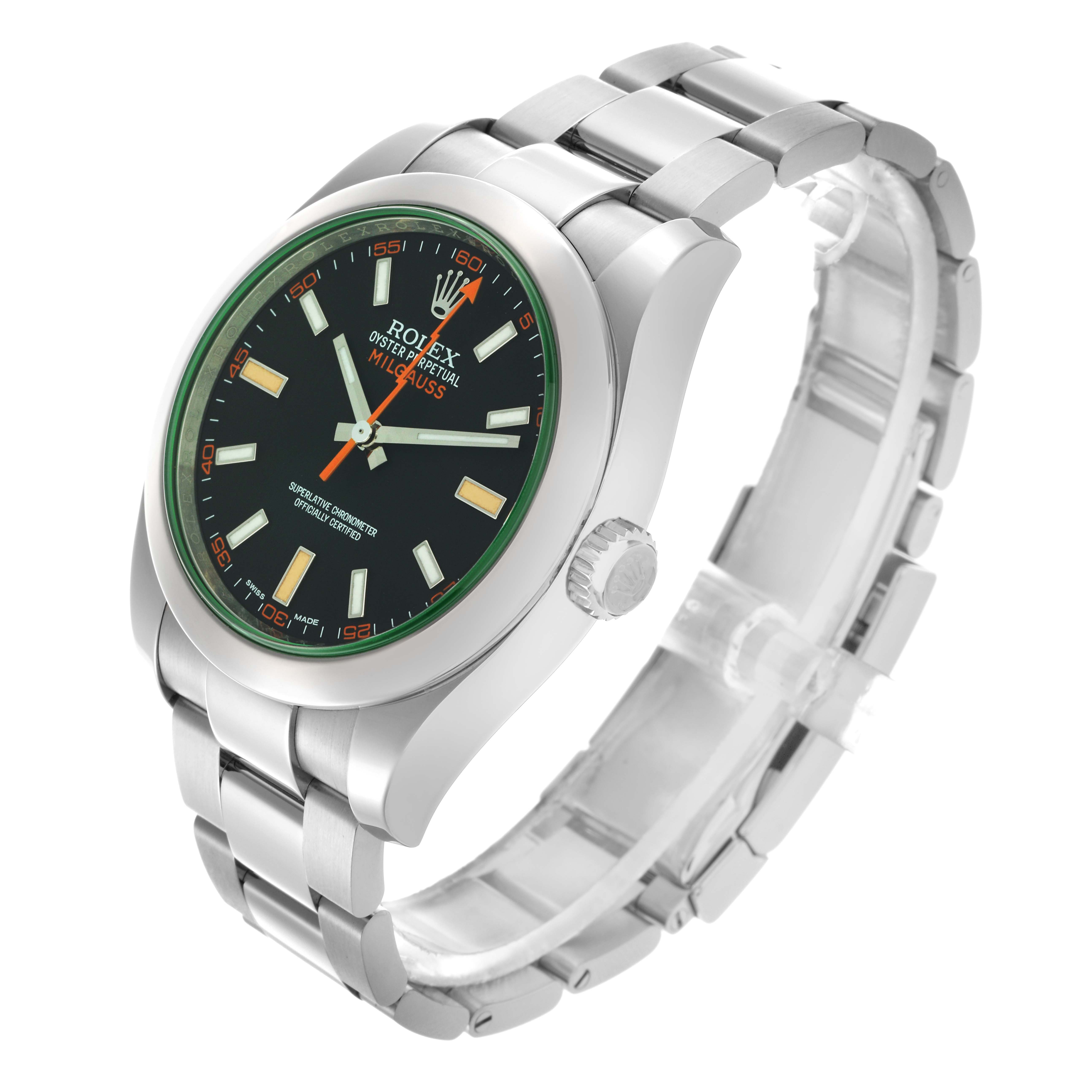 The Rolex Milgauss 116400 Men
s Stainless Steel Black Dial 116400 Men
s Stainless Steel Black Dial watch is shown at an oblique angle, displaying the face, bezel, crown, and partial bracelet.