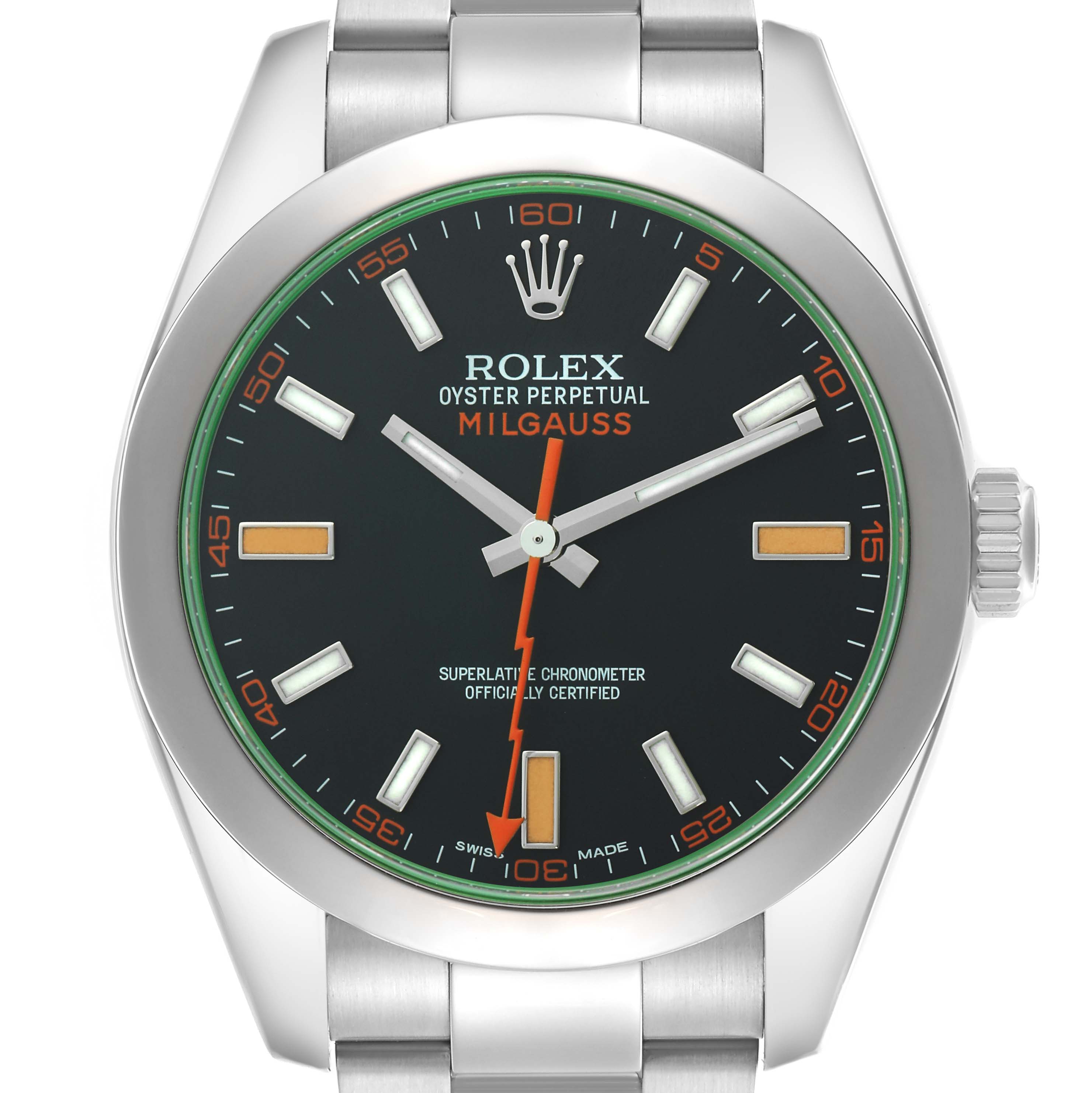 The image shows a front view of the Rolex Milgauss 116400 Men
s Stainless Steel Black Dial 116400 Men
s Stainless Steel Black Dial watch, highlighting the dial, hands, and part of the bracelet.