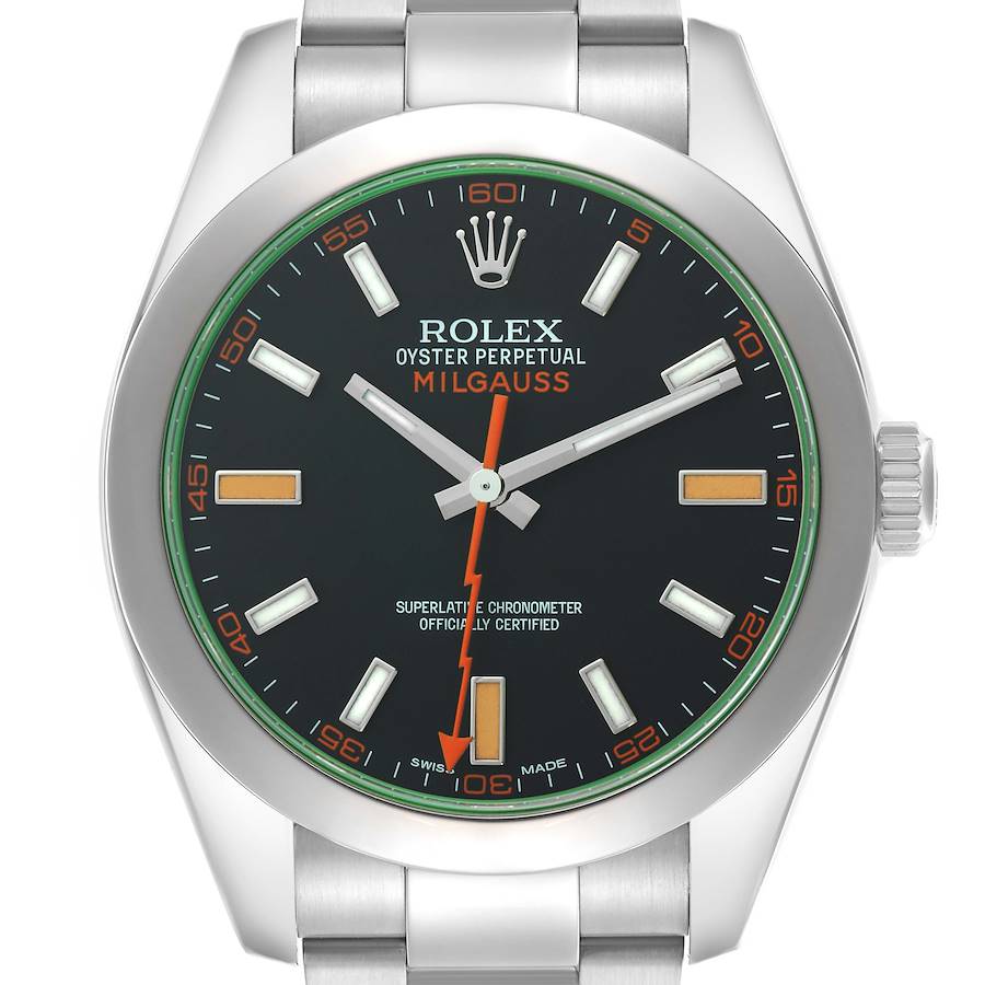 The image shows a front view of the Rolex Milgauss watch, highlighting the dial, hands, and part of the bracelet.