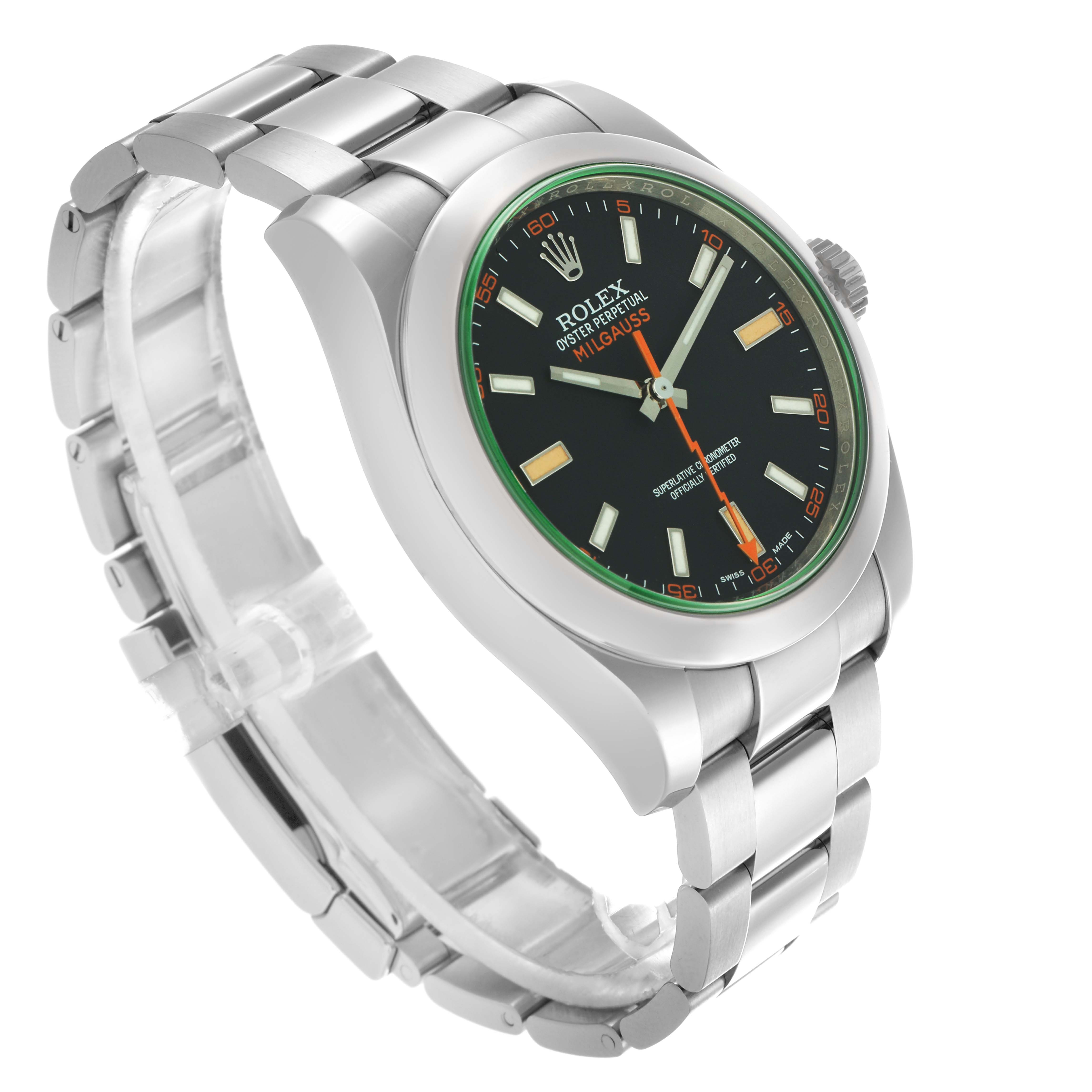 The Rolex Milgauss 116400 Men
s Stainless Steel Black Dial 116400 Men
s Stainless Steel Black Dial watch is shown at a three-quarter angle, highlighting the face, bezel, and bracelet.