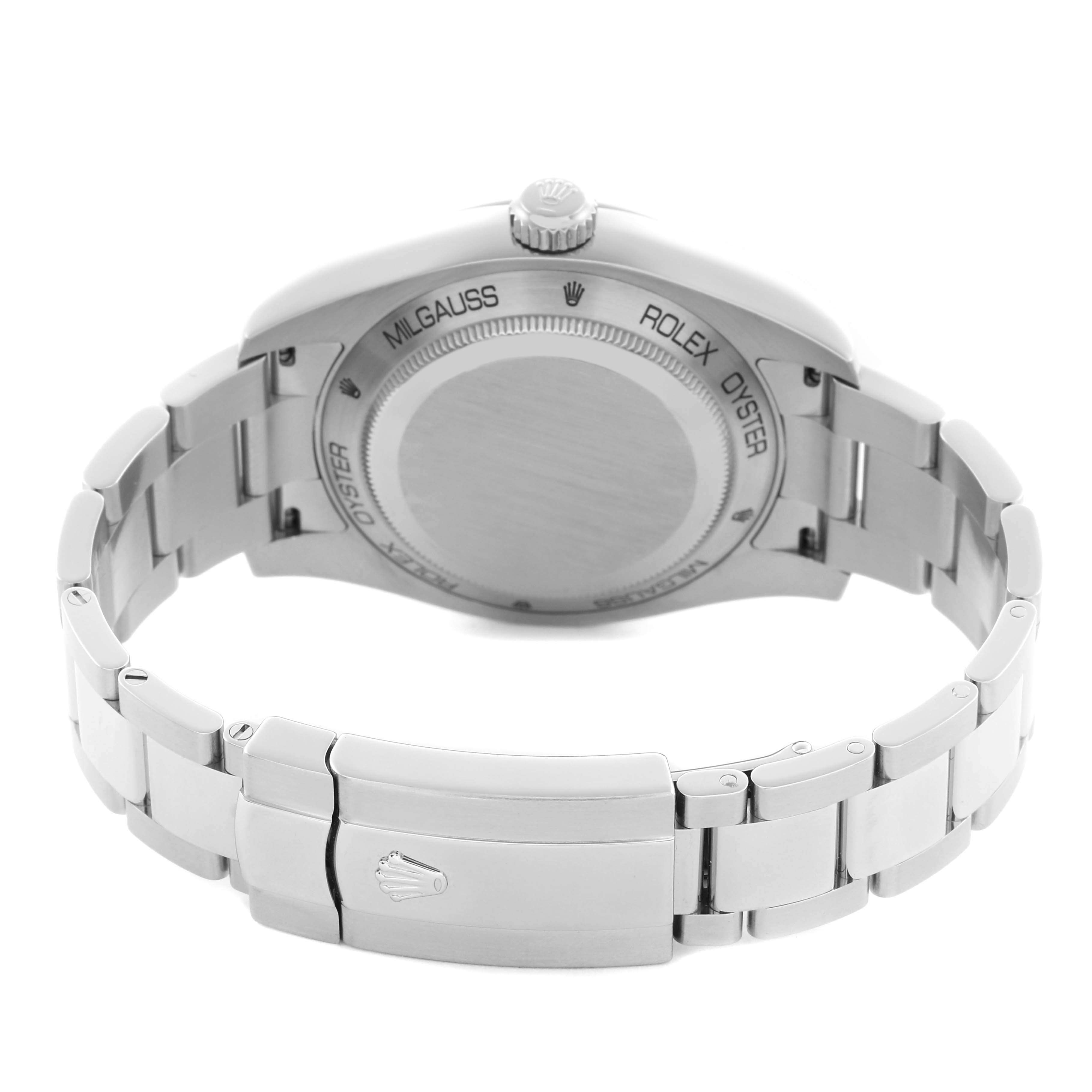 The image shows the back view of a Rolex Milgauss 116400 Men
s Stainless Steel Black Dial 116400 Men
s Stainless Steel Black Dial, featuring its case back and bracelet clasp.