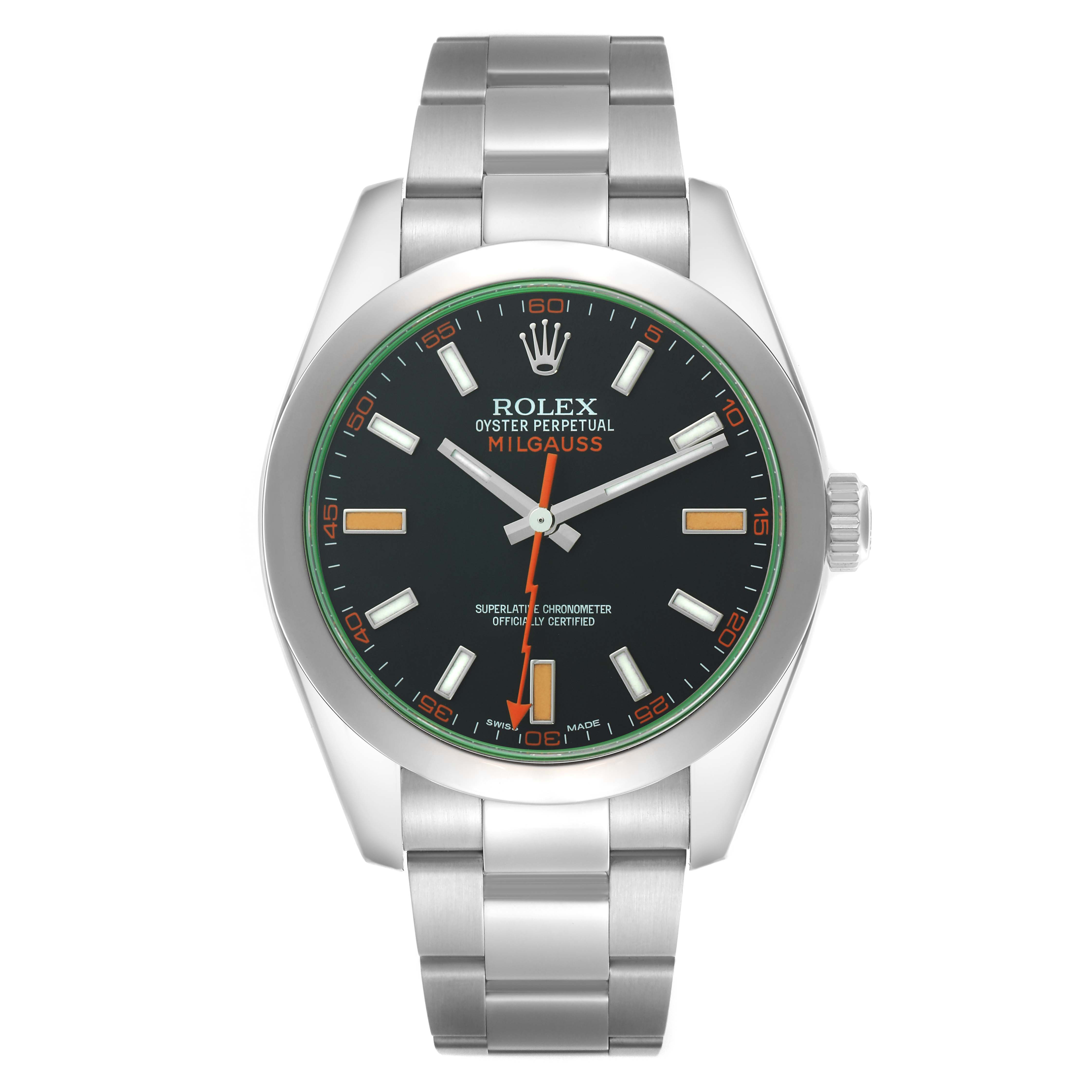 The Rolex Milgauss 116400 Men
s Stainless Steel Black Dial 116400 Men
s Stainless Steel Black Dial watch is shown from a front angle, displaying its face, bezel, and bracelet.