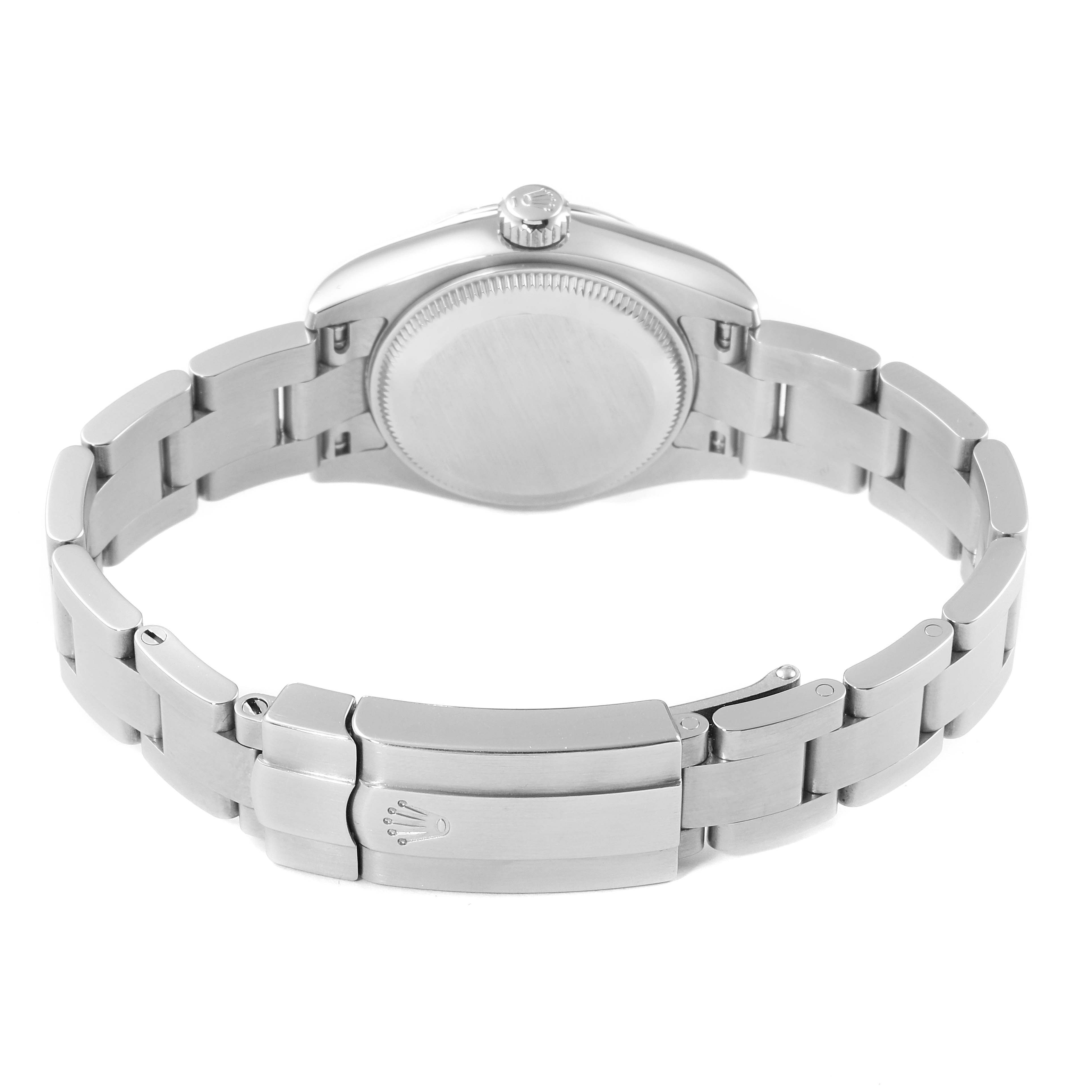 The image shows the back view of a Rolex Datejust 176234 Women's Stainless Steel Pink Dial 176234 Women's Stainless Steel Pink Dial watch, highlighting the case back, bracelet, and clasp.