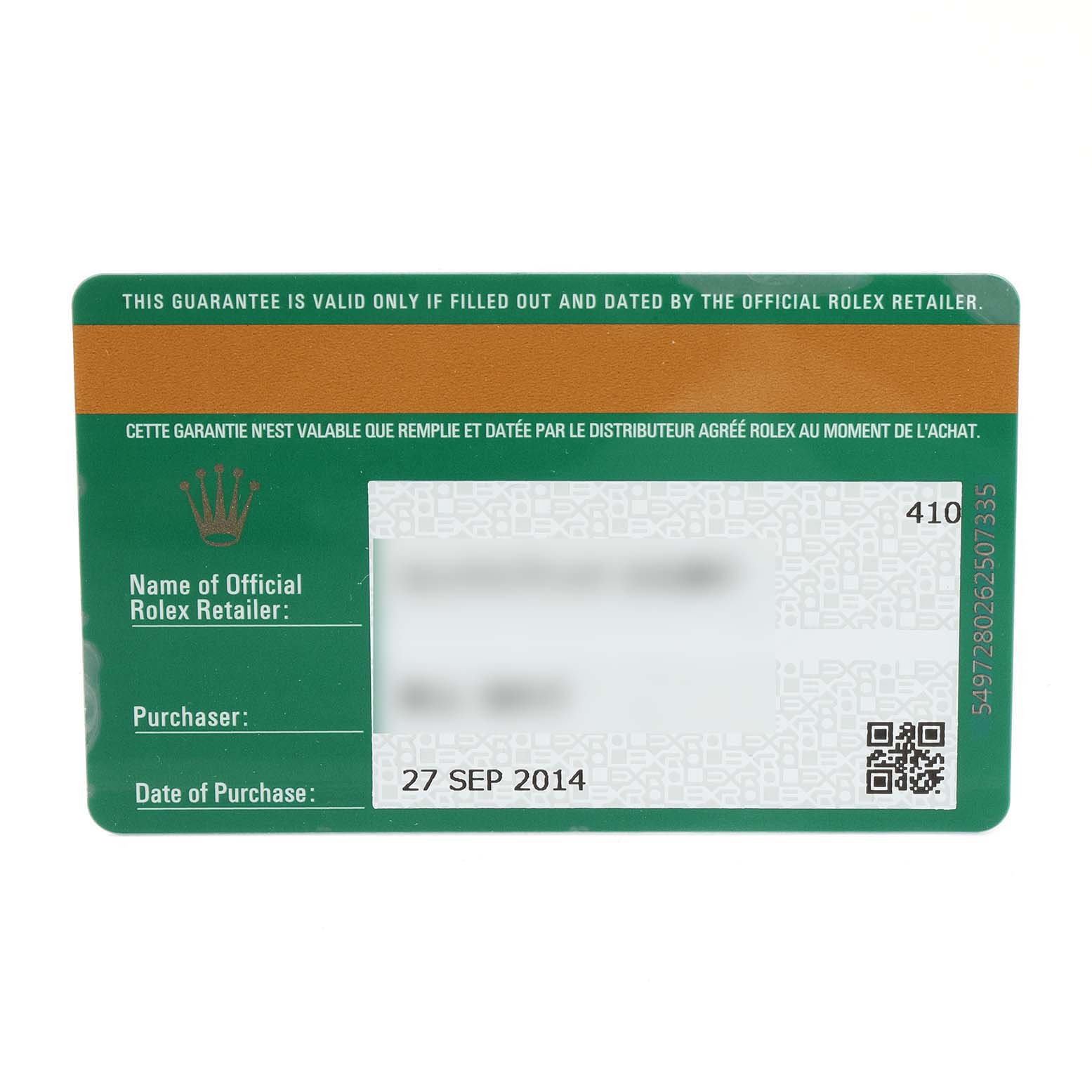 The image shows the warranty card for a Rolex Datejust 176234 Women's Stainless Steel Pink Dial 176234 Women's Stainless Steel Pink Dial watch.