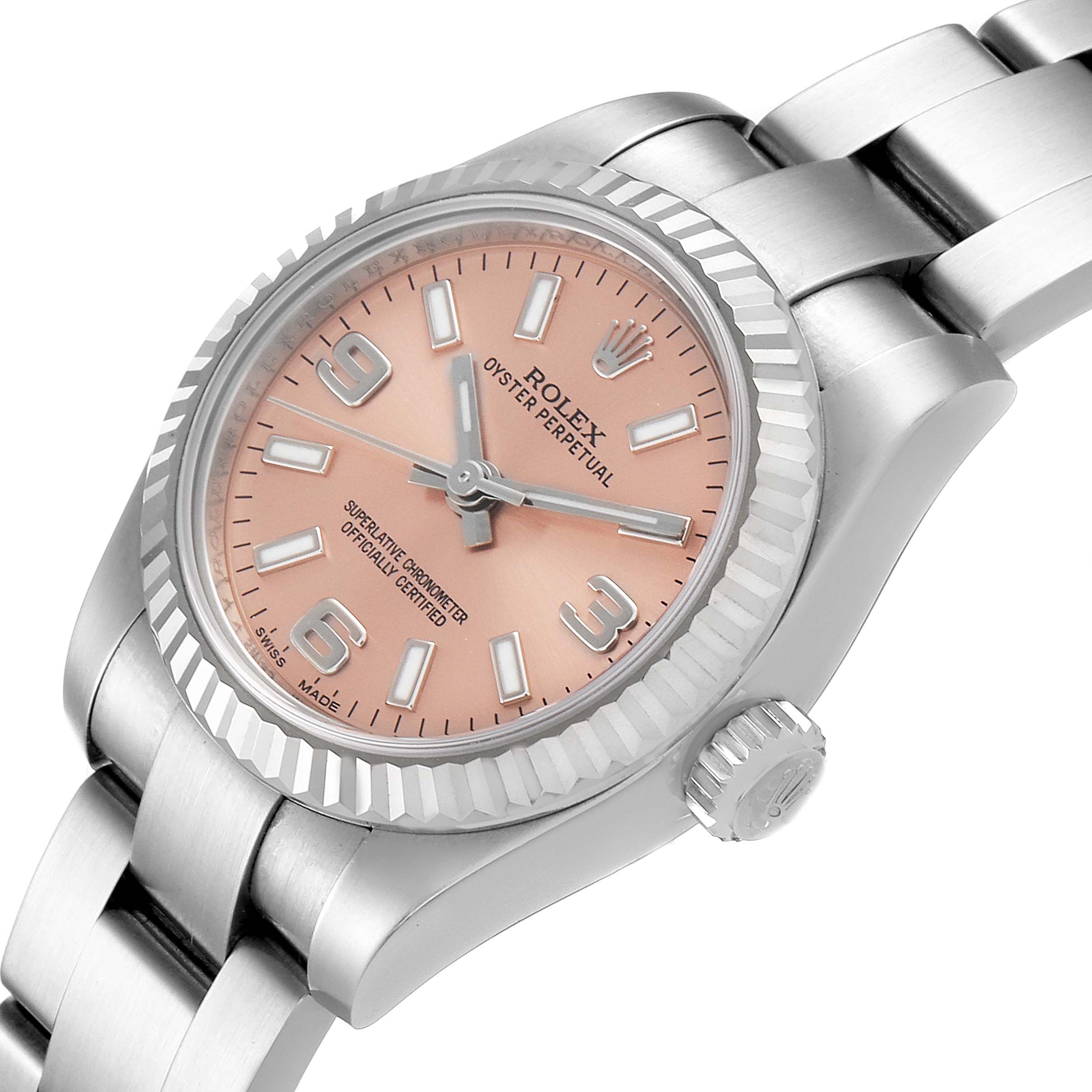 This image shows a Rolex Datejust 176234 Women's Stainless Steel Pink Dial 176234 Women's Stainless Steel Pink Dial watch from an angled view, displaying the dial, bezel, and bracelet.