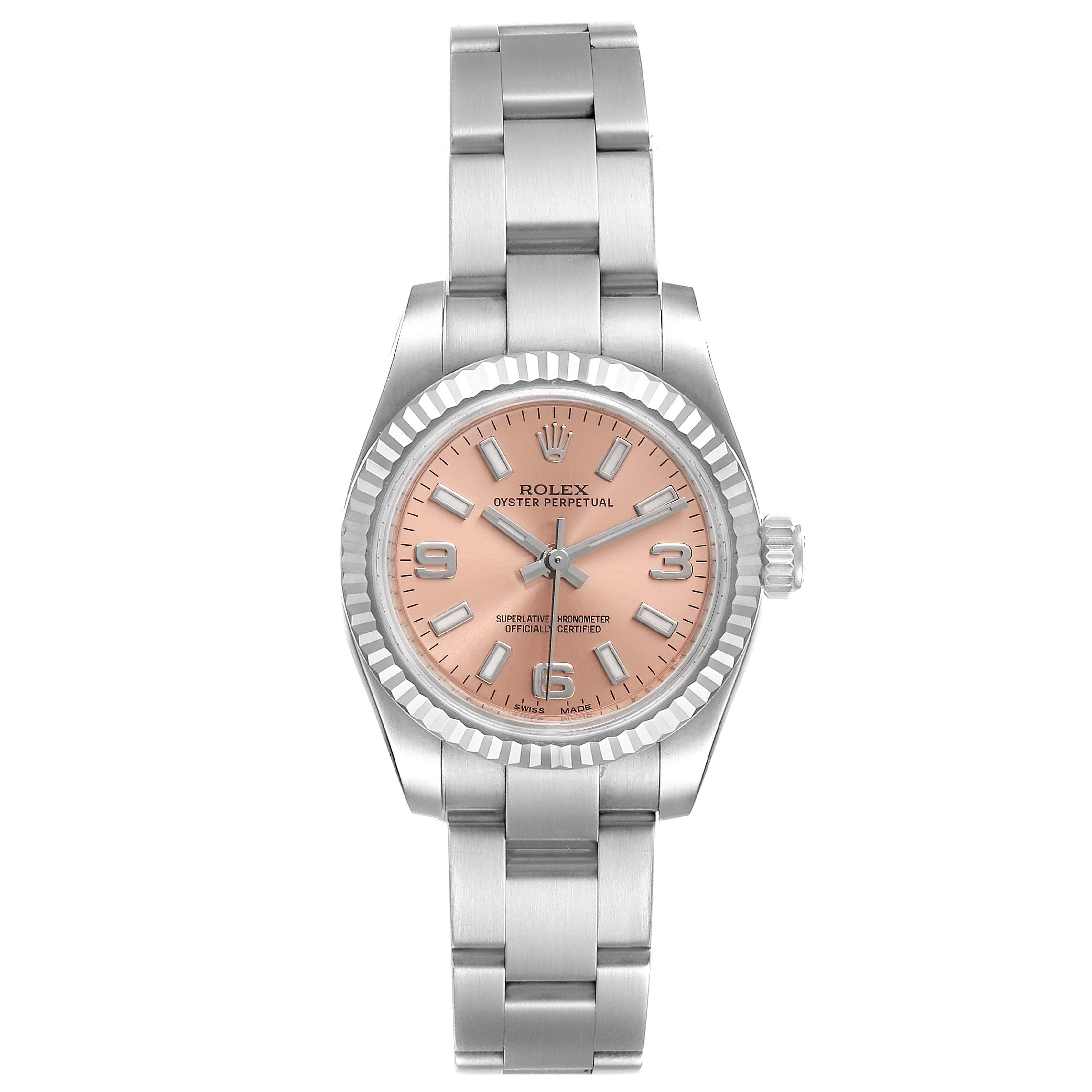 This image shows a Rolex Datejust 176234 Women's Stainless Steel Pink Dial 176234 Women's Stainless Steel Pink Dial watch from a front angle, displaying the bracelet, case, dial, and fluted bezel.