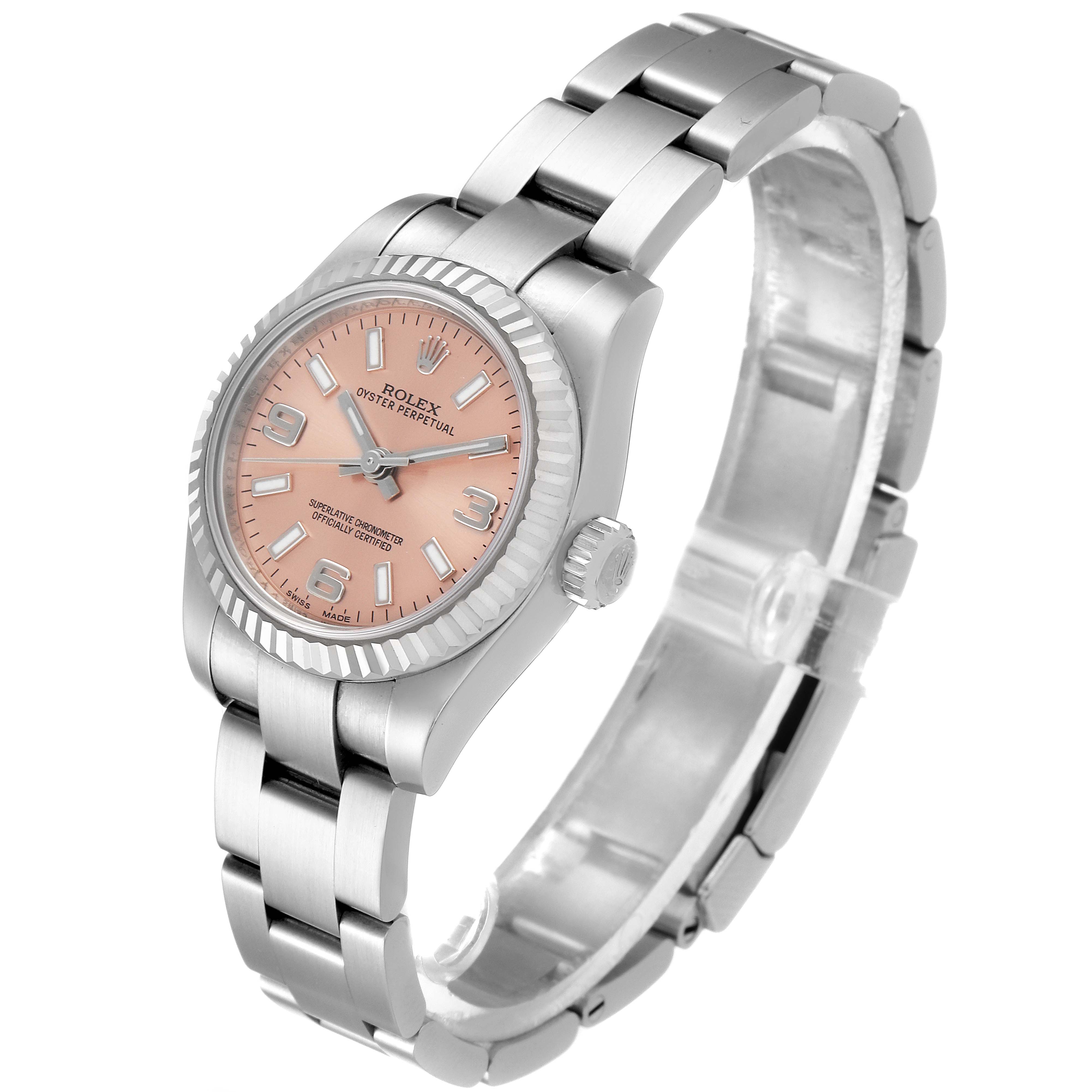 The image shows a Rolex Datejust 176234 Women's Stainless Steel Pink Dial 176234 Women's Stainless Steel Pink Dial watch from a front angle, highlighting the dial, bezel, crown, and bracelet.