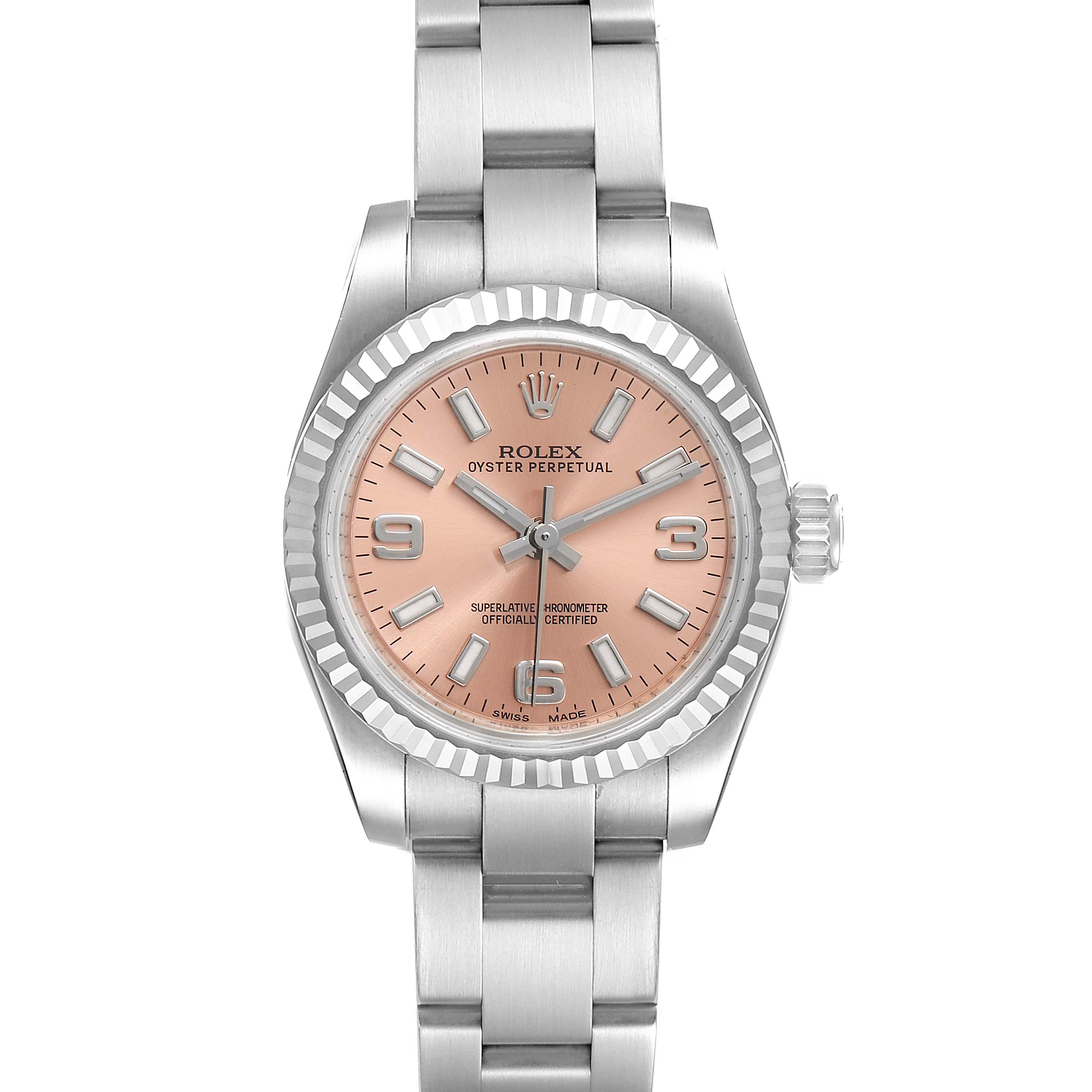 This image shows a front view of the Rolex Datejust 176234 Women's Stainless Steel Pink Dial 176234 Women's Stainless Steel Pink Dial watch, highlighting its pink dial, fluted bezel, and stainless steel bracelet.