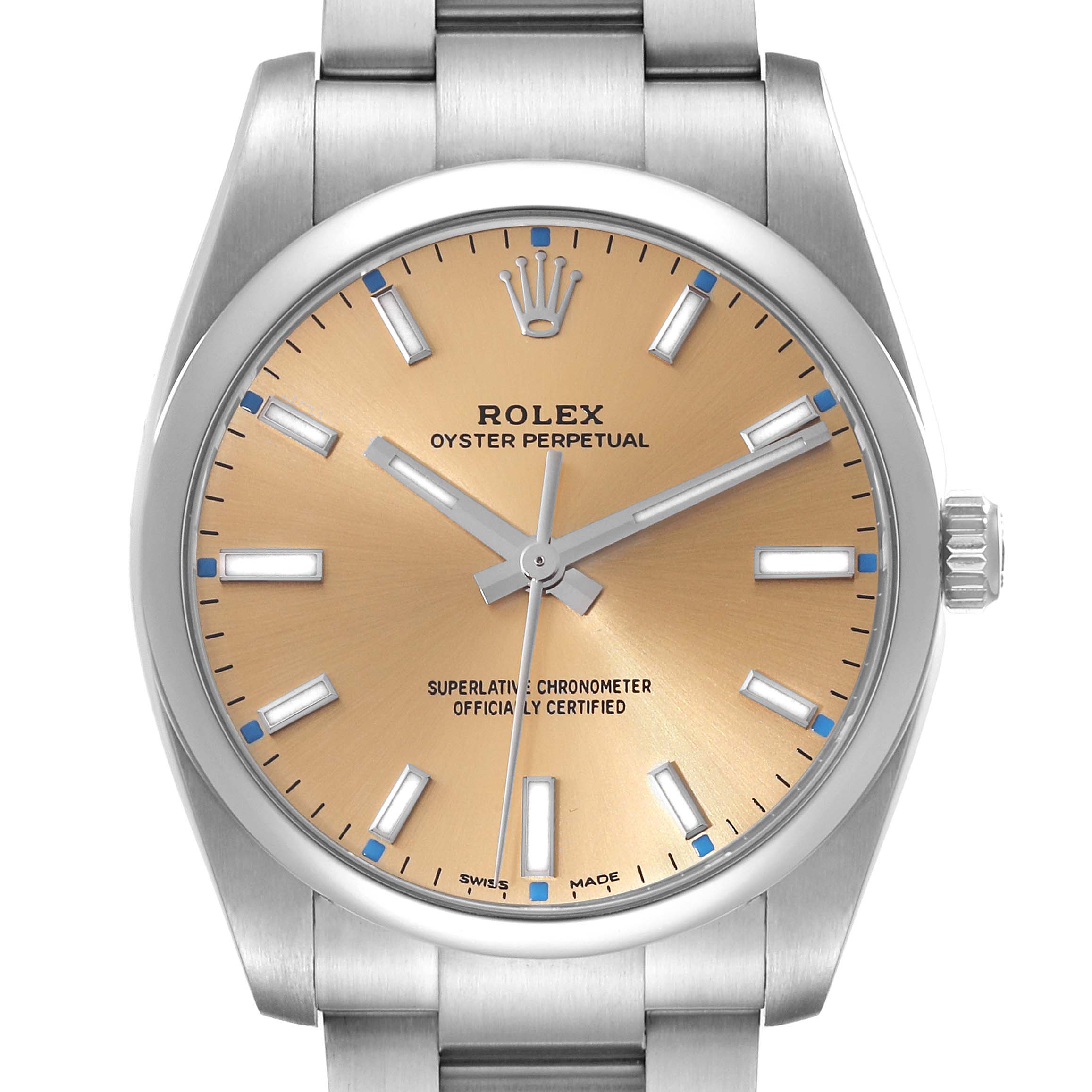 The image shows a frontal view of the Rolex Oyster Perpetual 114200 Men's Stainless Steel Champagne Dial 114200 Men's Stainless Steel Champagne Dial watch, highlighting the dial, hour markers, hands, and part of the bracelet.