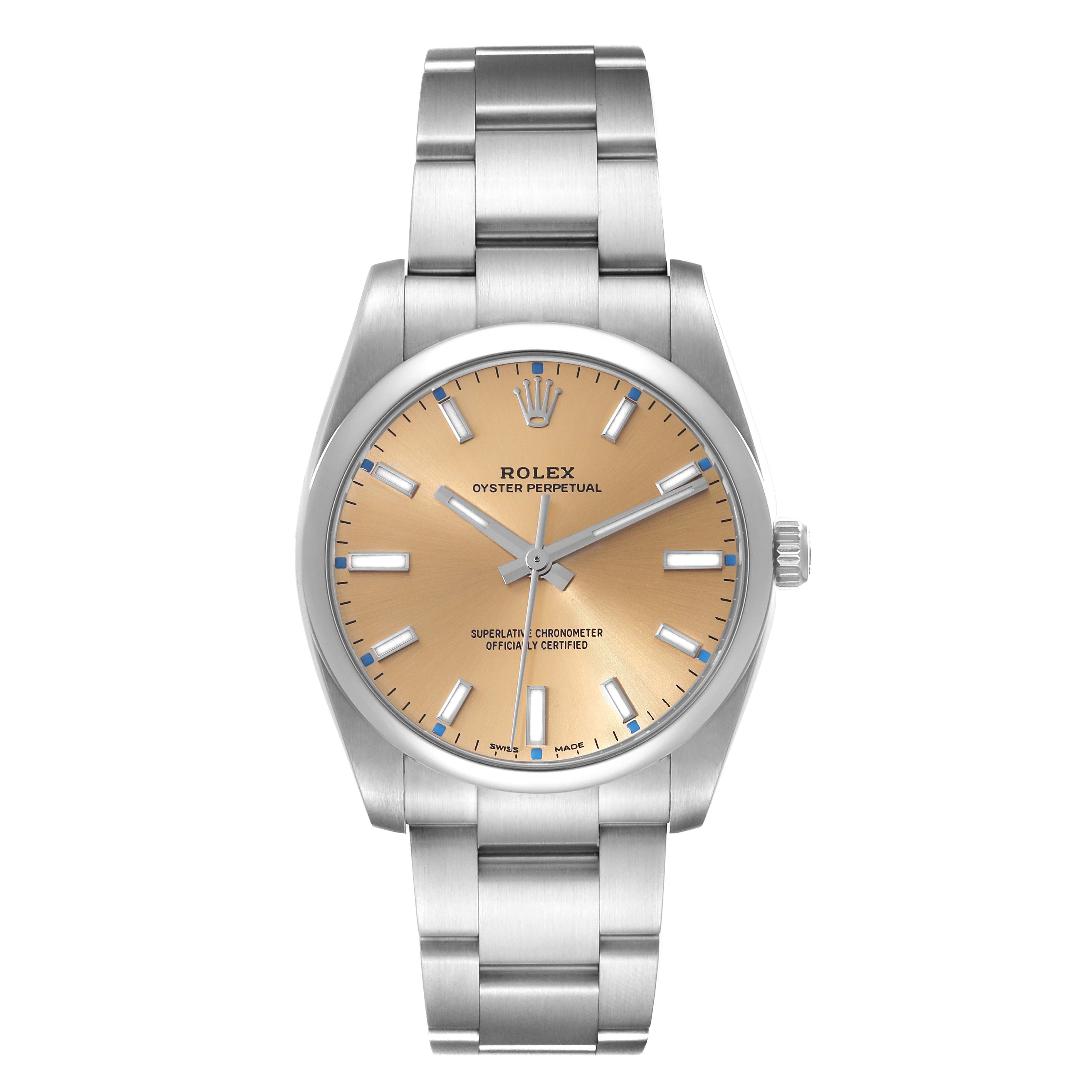 The image shows a front view of a Rolex Oyster Perpetual 114200 Men's Stainless Steel Champagne Dial 114200 Men's Stainless Steel Champagne Dial watch, displaying its face, bezel, and bracelet.
