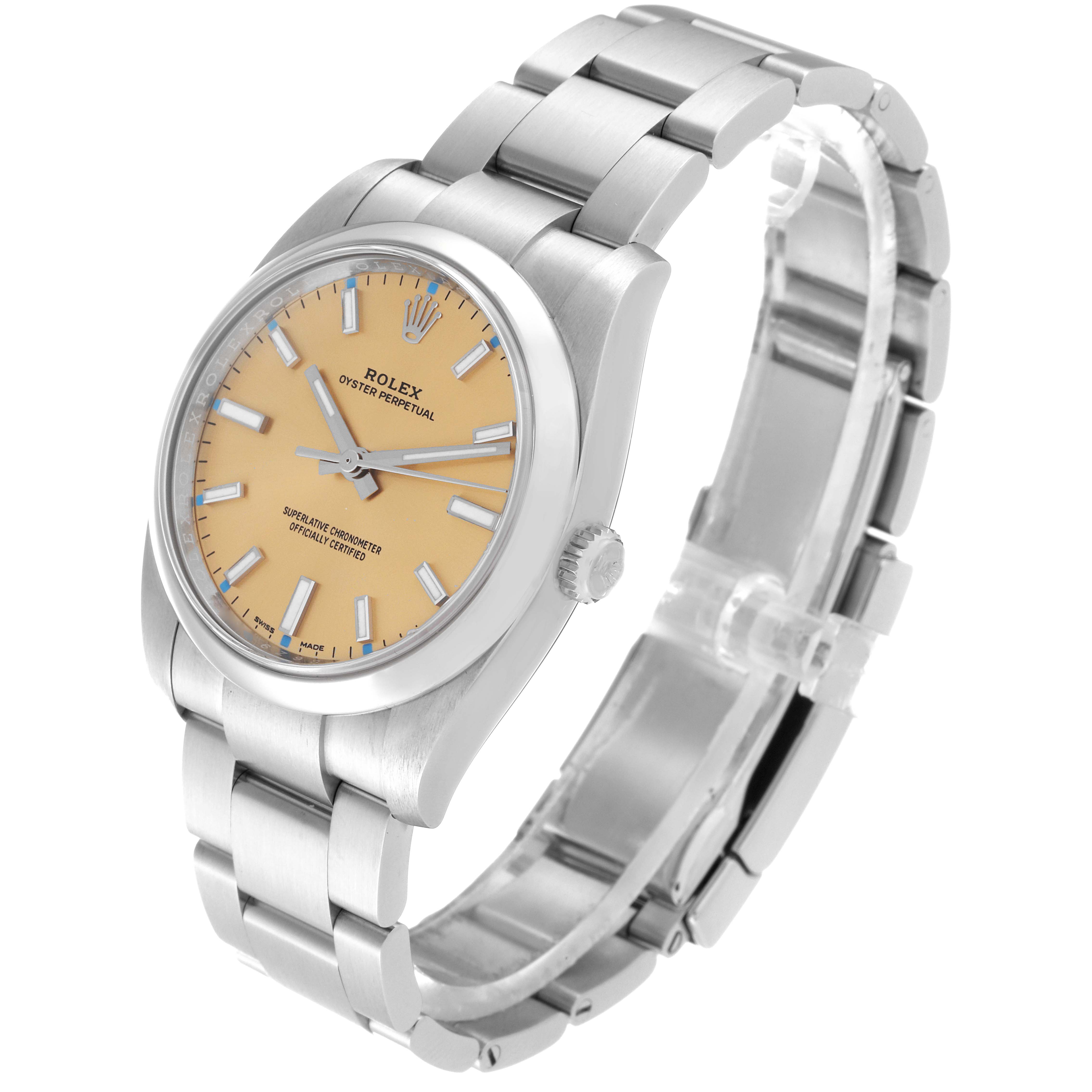 The Rolex Oyster Perpetual 114200 Men's Stainless Steel Champagne Dial 114200 Men's Stainless Steel Champagne Dial watch is shown at a three-quarter angle highlighting its face, bezel, crown, and bracelet.