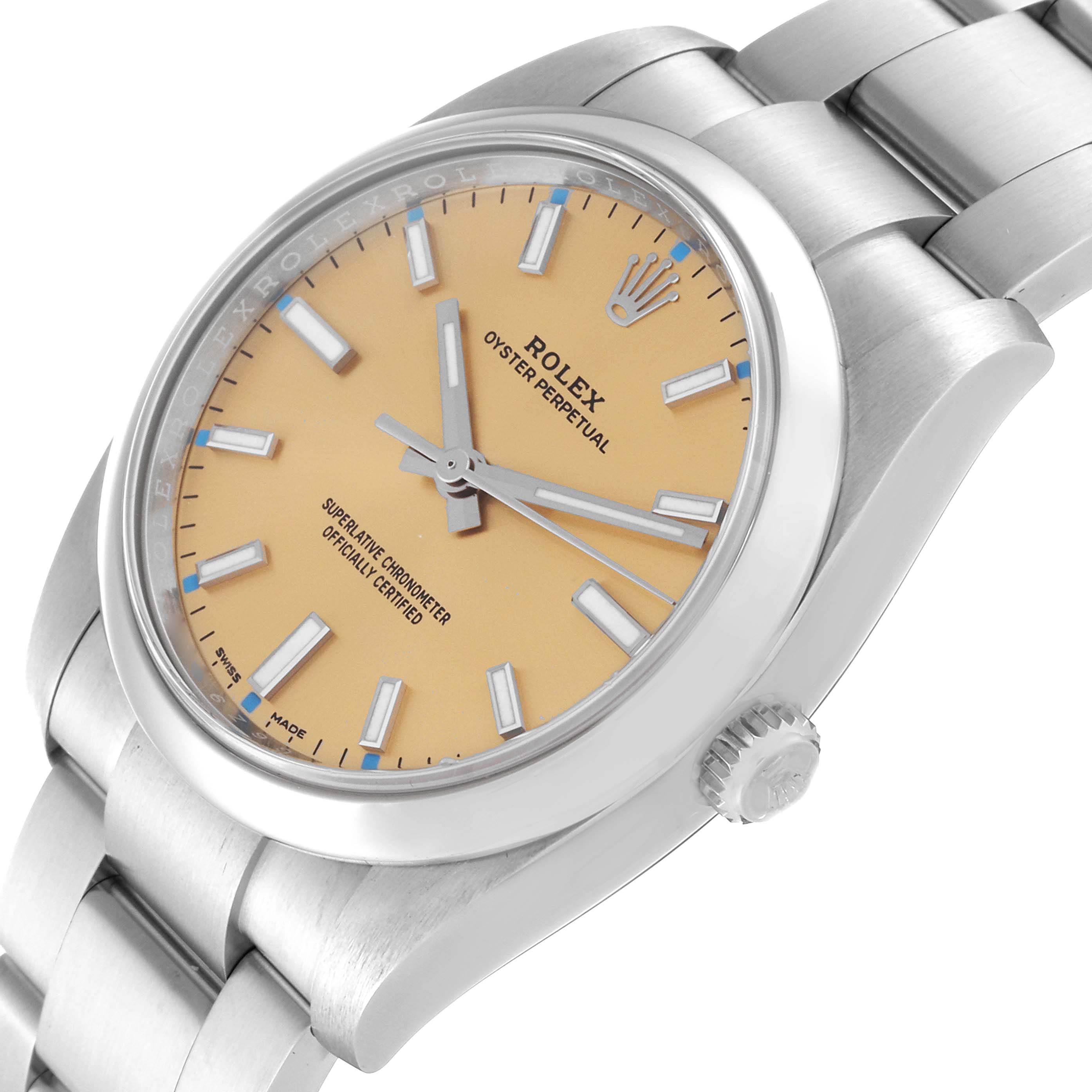 The image shows a close-up angled view of a Rolex Oyster Perpetual 114200 Men's Stainless Steel Champagne Dial 114200 Men's Stainless Steel Champagne Dial watch, highlighting its dial, case, bracelet, and crown.