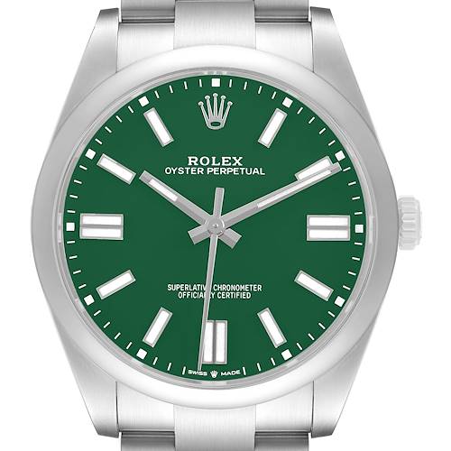 The Rolex Oyster Perpetual 124300-0005 Men's Stainless Steel Green Dial watch is shown from the front, highlighting the green dial, hands, indices, and part of the bracelet.