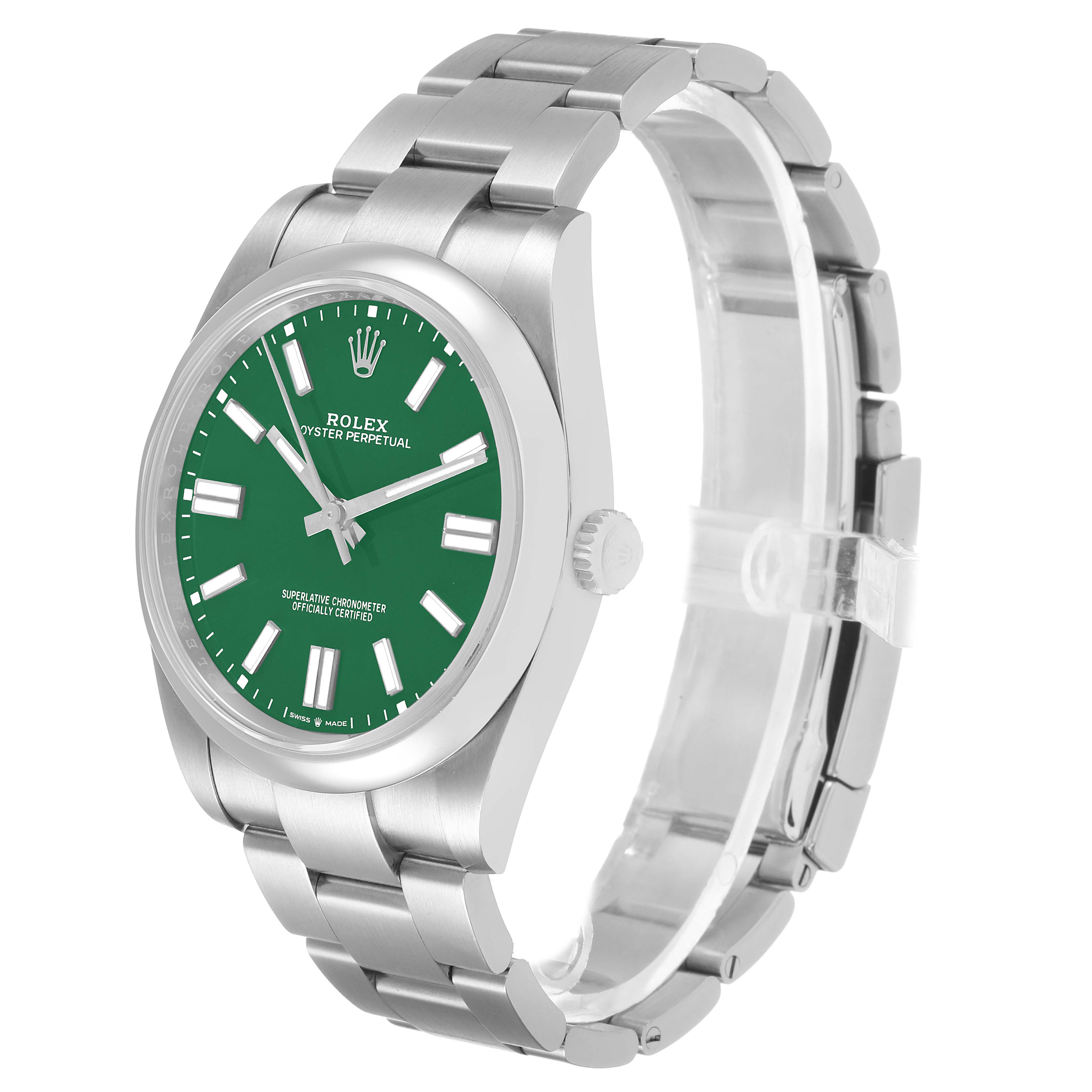 The Rolex Oyster Perpetual 124300-0005 Men's Stainless Steel Green Dial watch is shown at a three-quarter angle, displaying the green dial, bezel, crown, and bracelet.