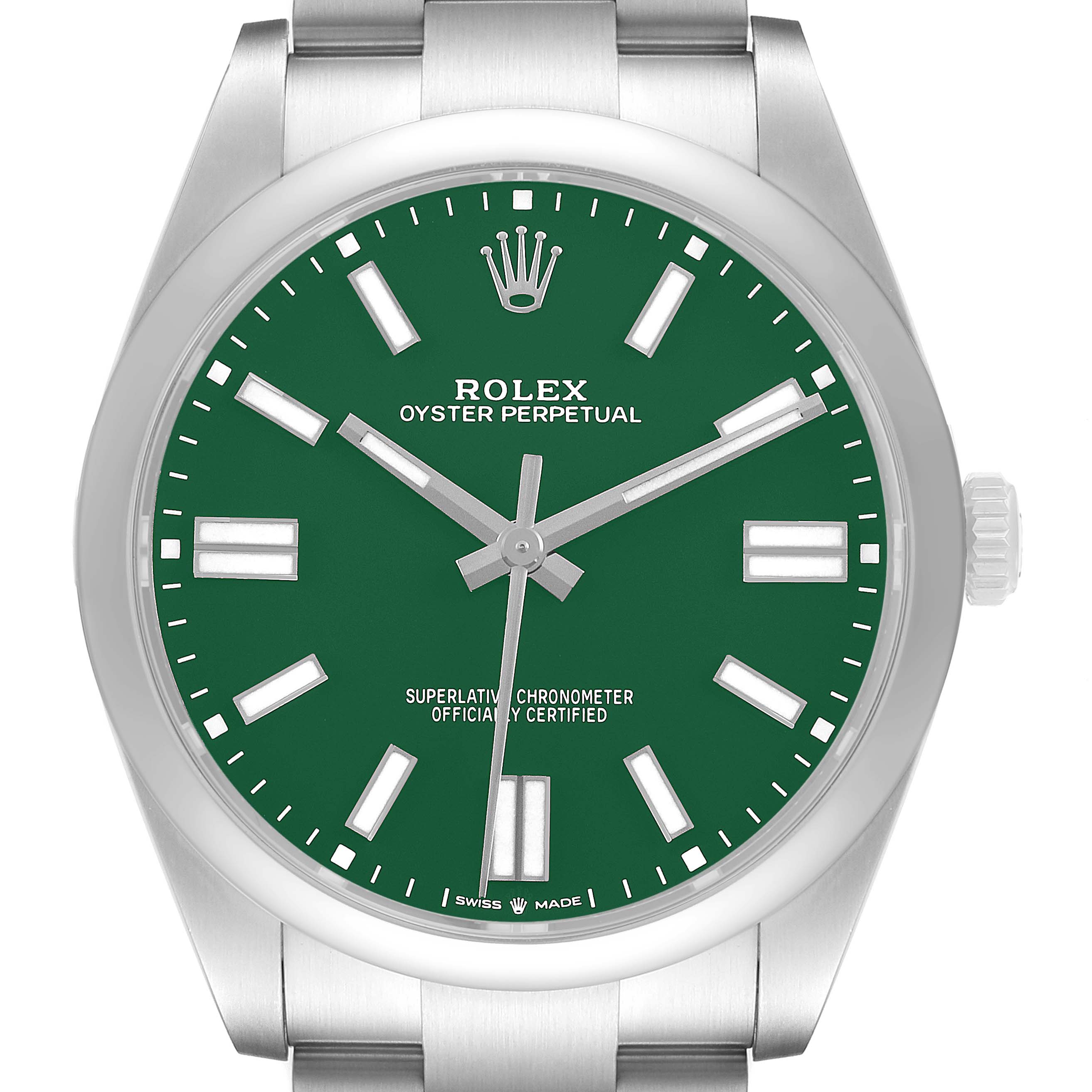The Rolex Oyster Perpetual 124300-0005 Men's Stainless Steel Green Dial watch is shown from a front angle, displaying its green dial, stainless steel case, and bracelet.