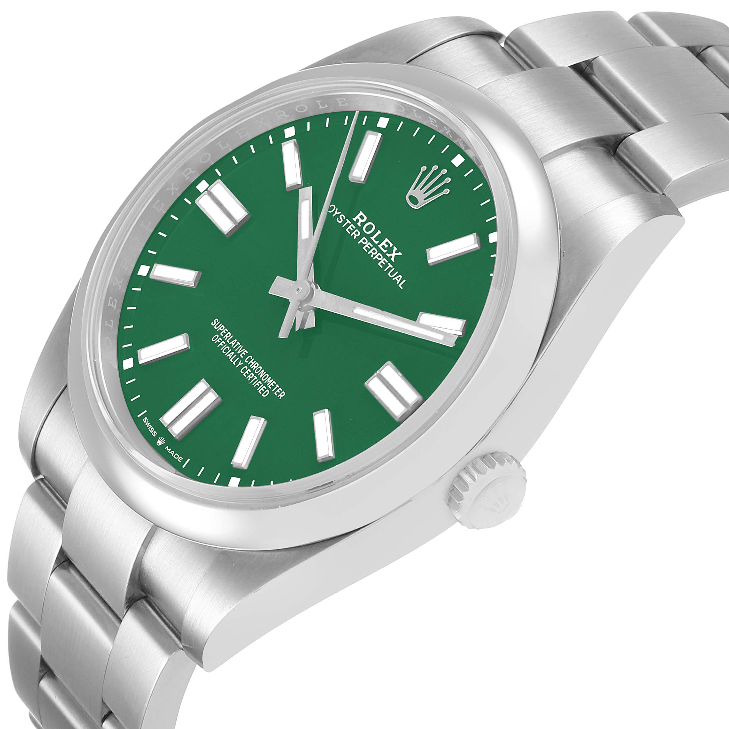 The Rolex Oyster Perpetual 124300-0005 Men's Stainless Steel Green Dial watch is shown at a slight angle highlighting the green dial, bezel, and part of the bracelet.