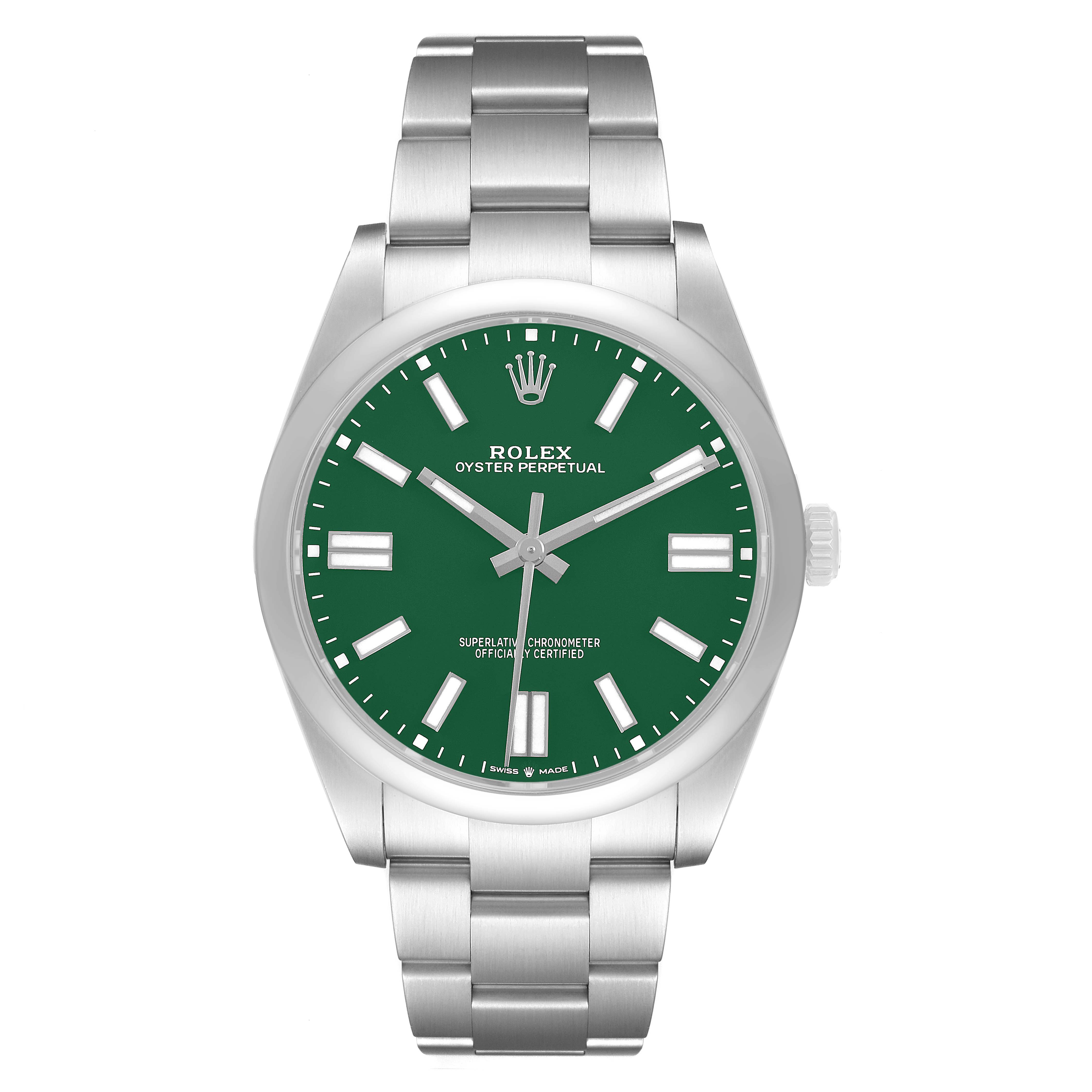 The Rolex Oyster Perpetual 124300-0005 Men's Stainless Steel Green Dial watch is shown from a front angle, featuring the dial, bezel, and bracelet.