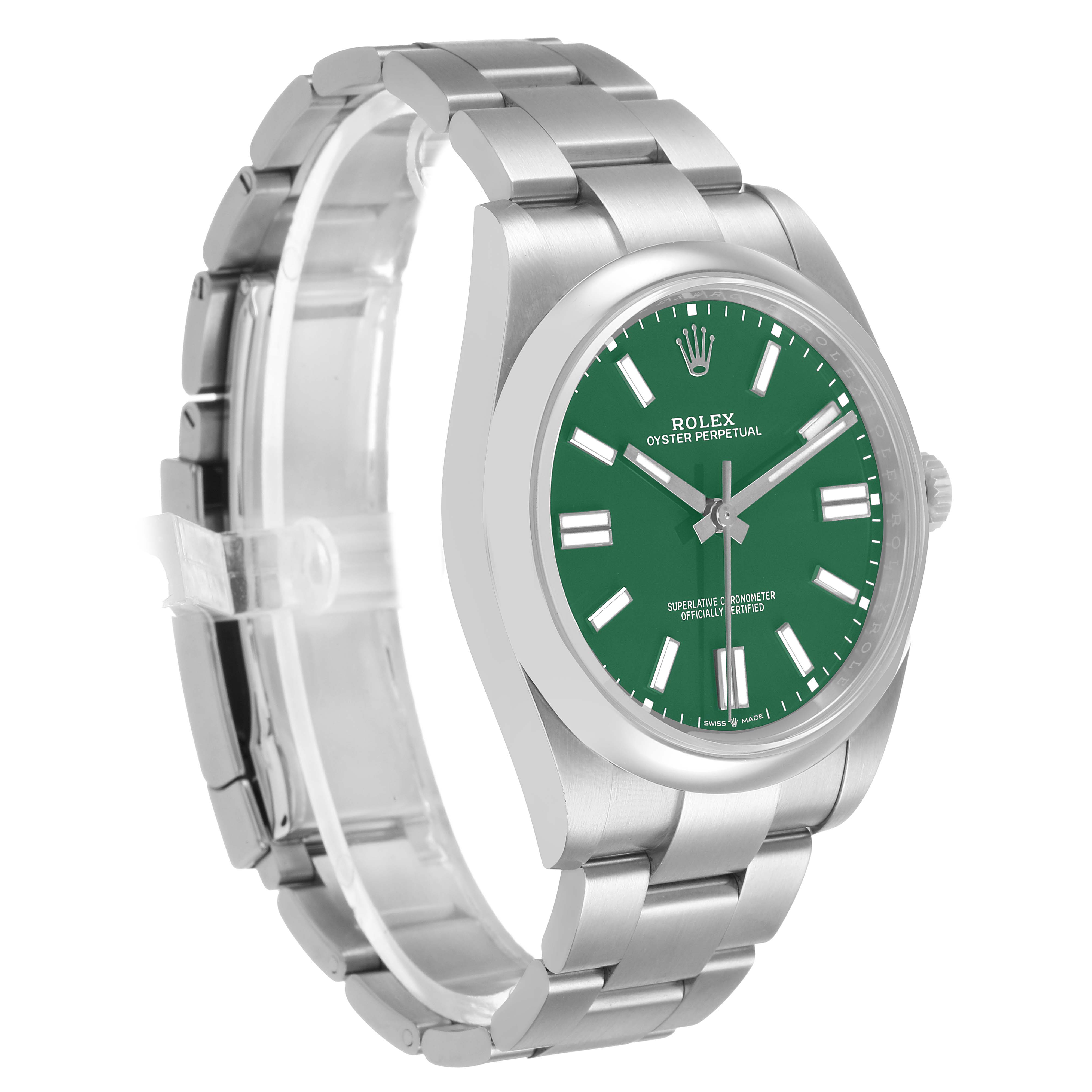 The Rolex Oyster Perpetual 124300-0005 Men's Stainless Steel Green Dial watch is shown at a three-quarter angle, highlighting the green dial, case, and metal bracelet.
