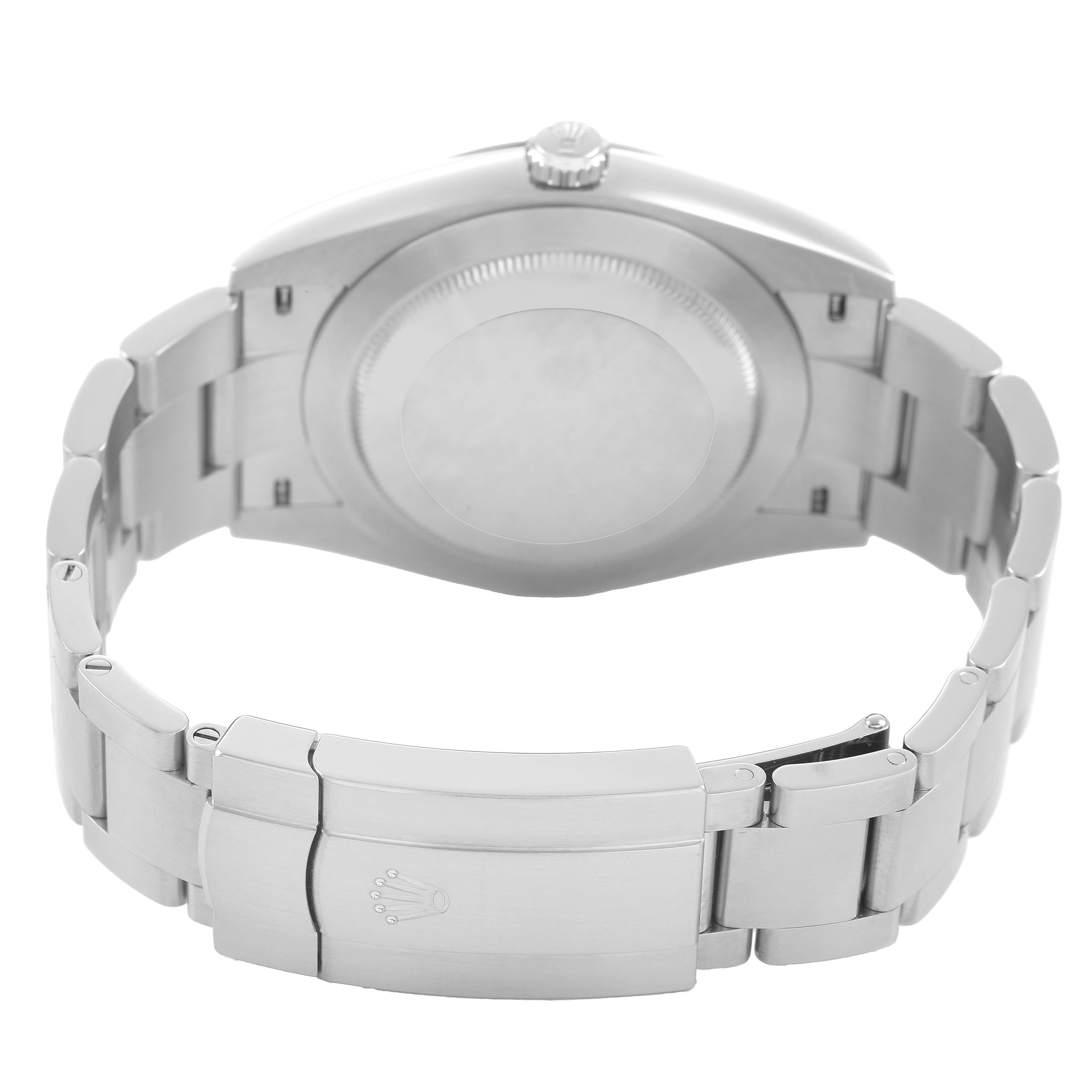 This image shows the back view of a Rolex Oyster Perpetual 124300-0005 Men's Stainless Steel Green Dial, highlighting the case back and bracelet with clasp.