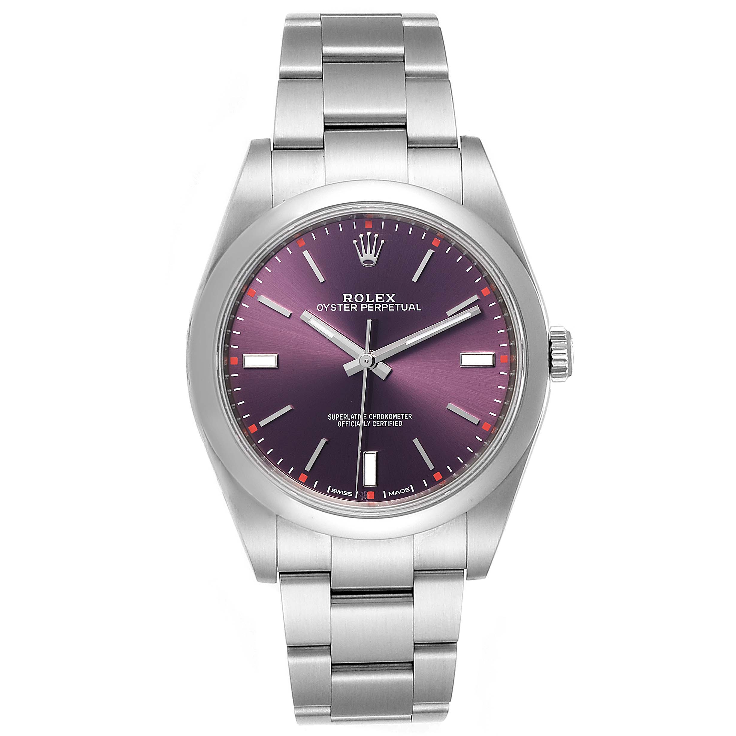 This image shows a front-facing view of the Rolex Oyster Perpetual 114300 Men's Stainless Steel Burgundy Dial 114300 Men's Stainless Steel Burgundy Dial watch, with its dial, case, crown, and bracelet visible.