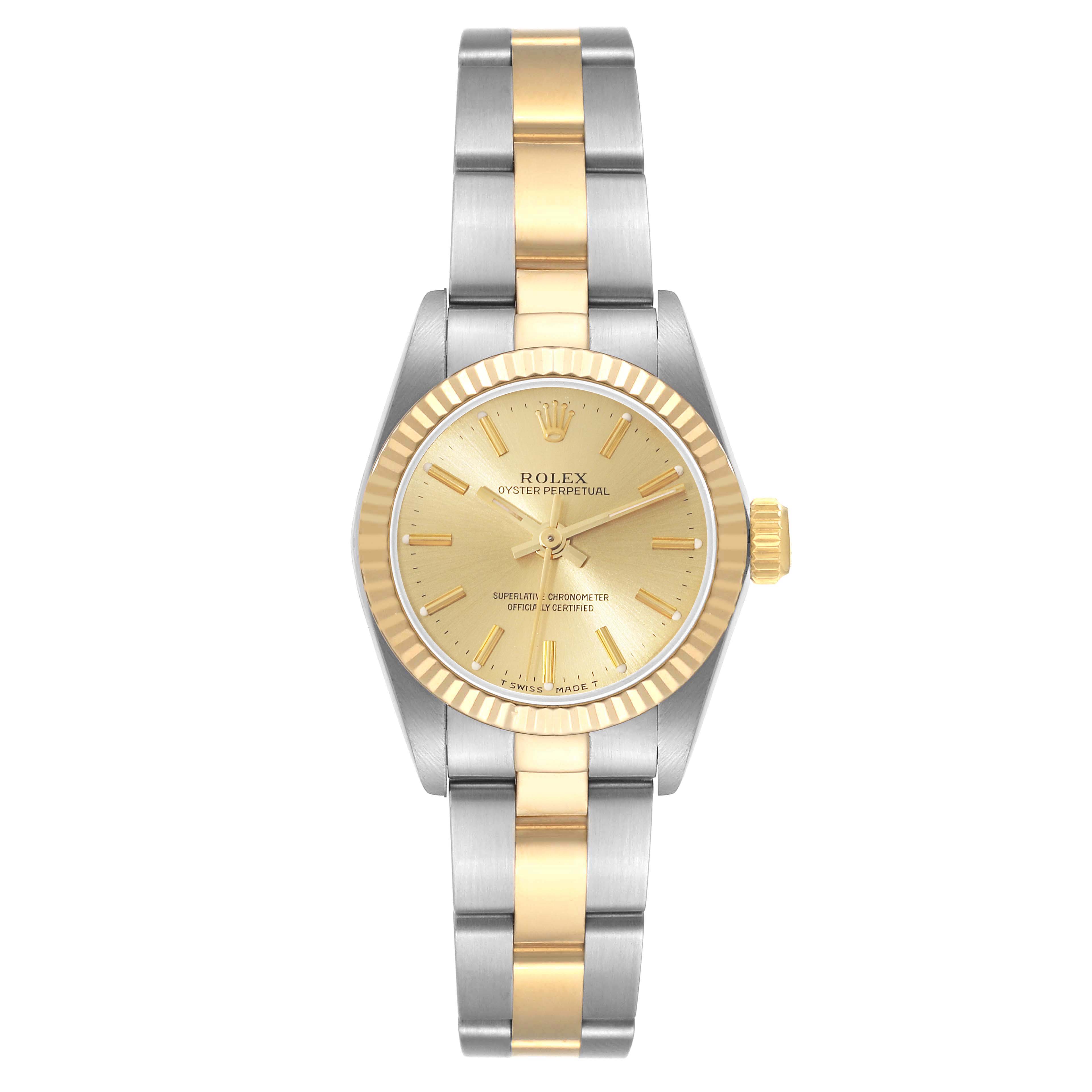 The Rolex Oyster Perpetual 67193 Women's Steel and Gold (two tone) Champagne Dial 67193 Women's Steel and Gold (two tone) Champagne Dial watch is shown from a top-down angle, highlighting the dial, bezel, bracelet, and crown.
