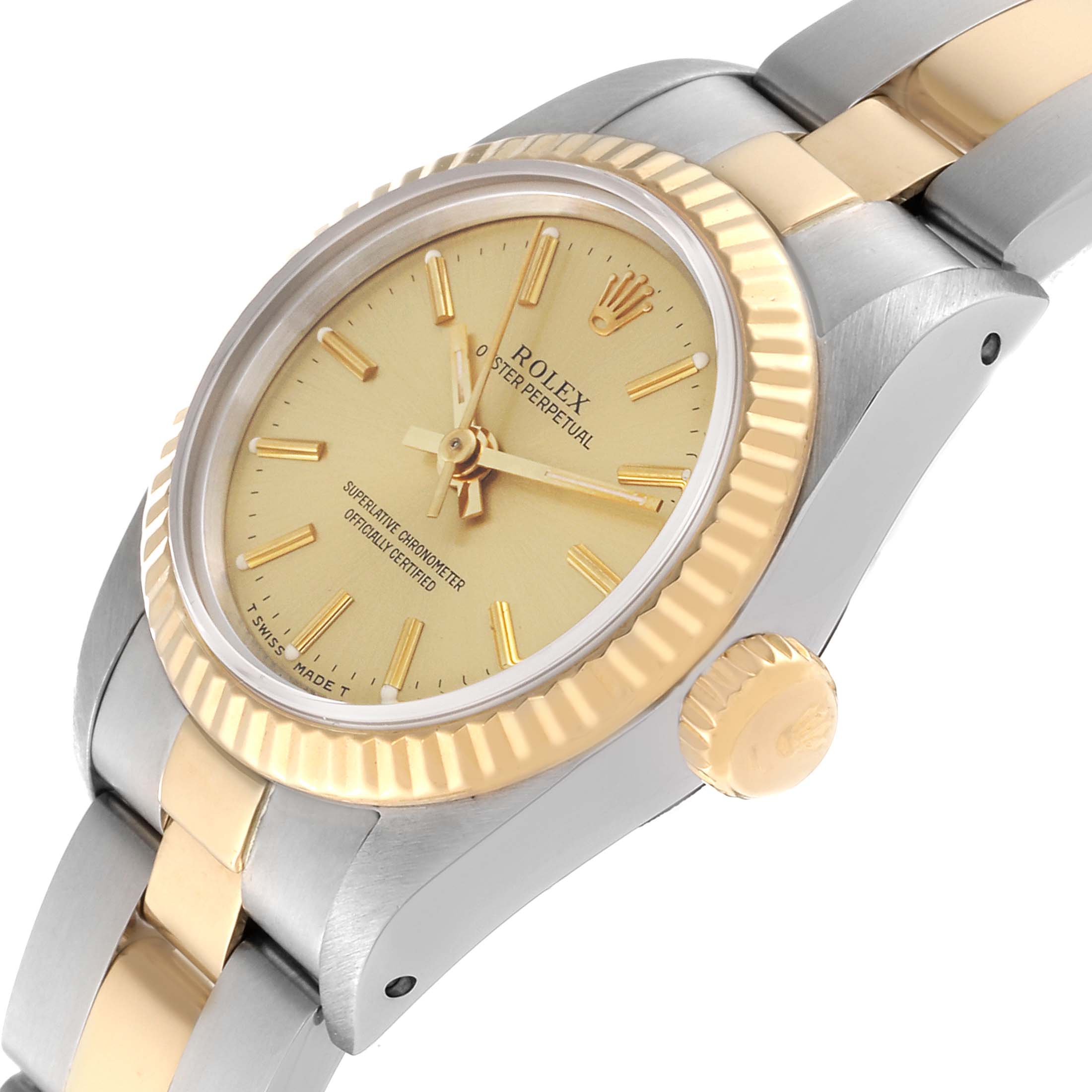 The Rolex Oyster Perpetual 67193 Women's Steel and Gold (two tone) Champagne Dial 67193 Women's Steel and Gold (two tone) Champagne Dial watch is shown at a tilted side angle, highlighting the bezel, crown, and part of the bracelet.
