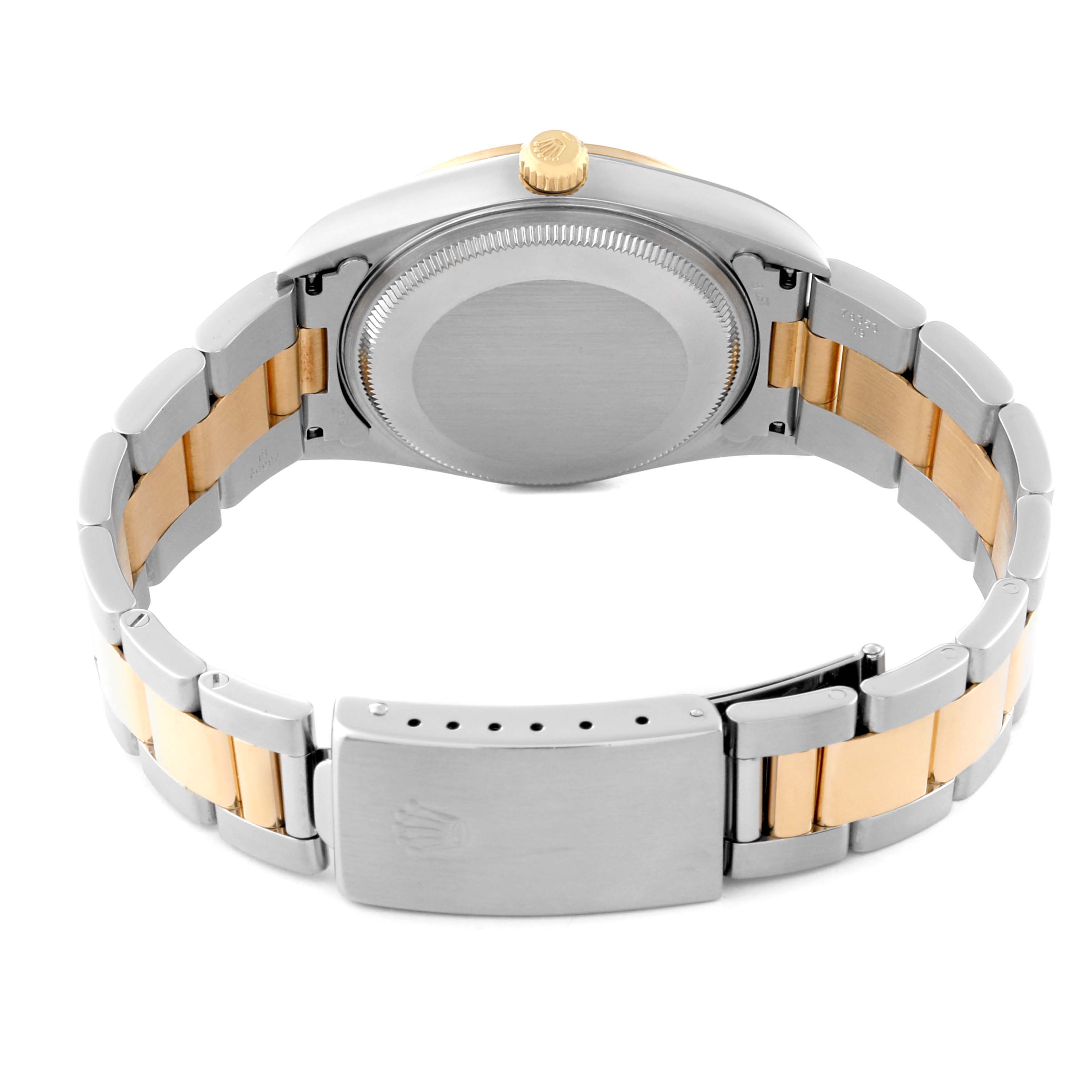 The image shows the back of a Rolex Oyster Perpetual 14203 Men's Steel and Gold (two tone) Grey Dial 14203 Men's Steel and Gold (two tone) Grey Dial watch, highlighting the case, crown, and two-tone metal bracelet.
