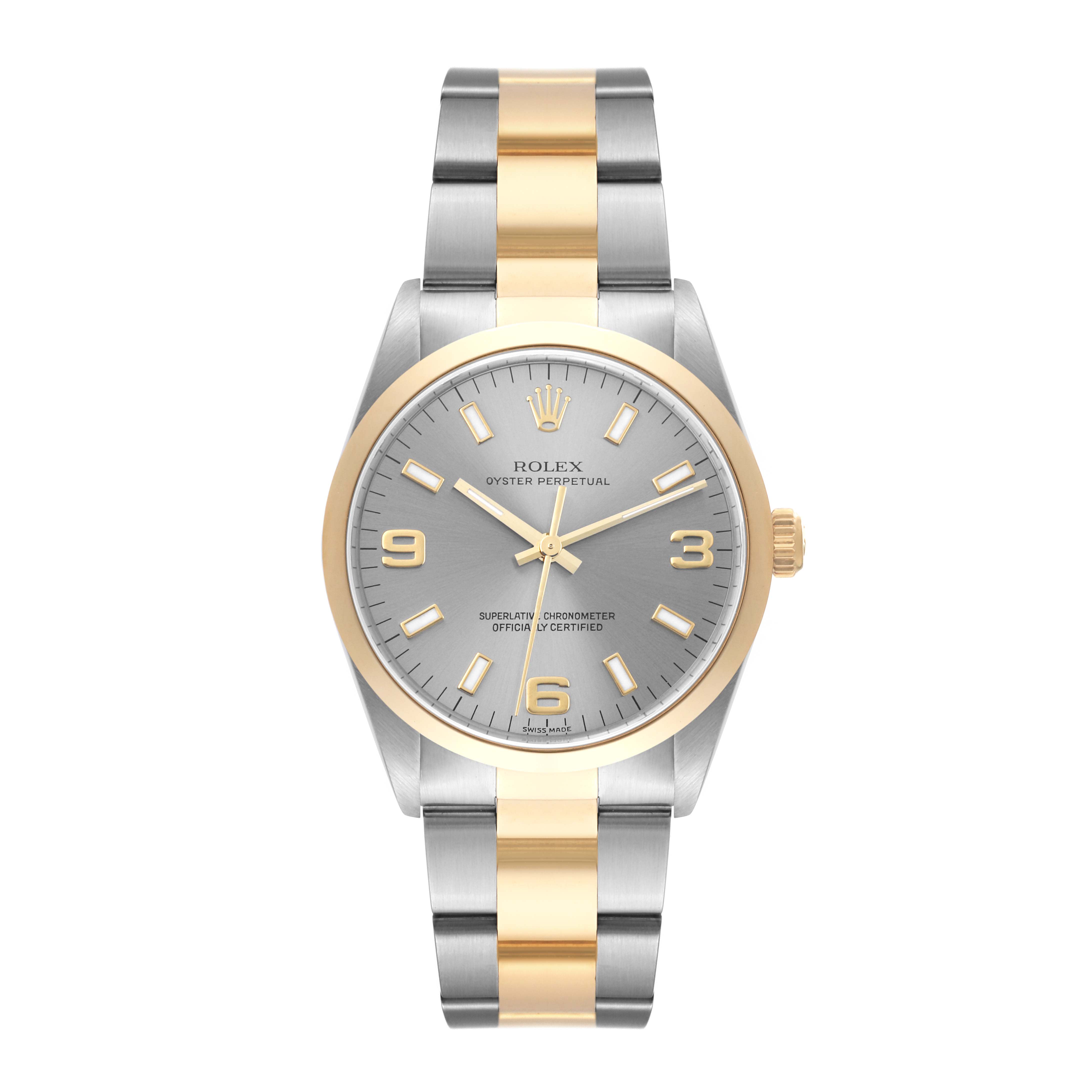 The image shows a front view of a Rolex Oyster Perpetual 14203 Men's Steel and Gold (two tone) Grey Dial 14203 Men's Steel and Gold (two tone) Grey Dial watch, highlighting its two-tone metal bracelet and gold-accented dial.