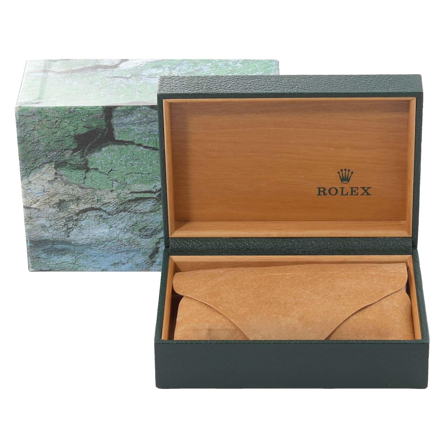The image shows the opened green and wooden Rolex box with a pouch inside, displaying the Oyster Perpetual model branding.