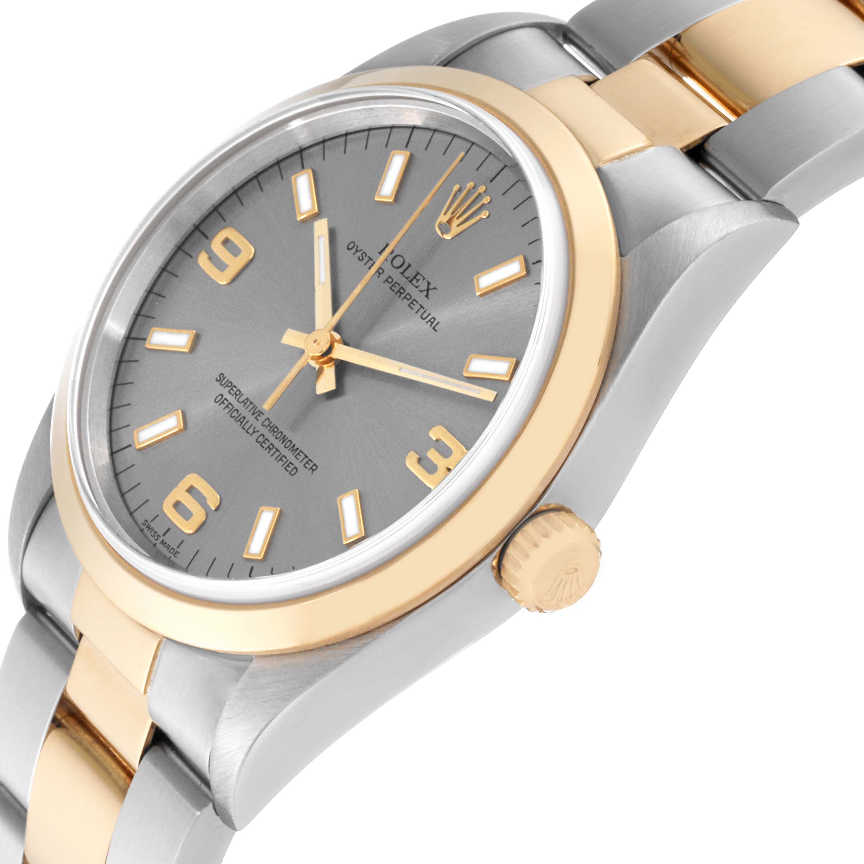 The image shows a side view of the Rolex Oyster Perpetual 14203 Men's Steel and Gold (two tone) Grey Dial 14203 Men's Steel and Gold (two tone) Grey Dial watch, highlighting the dial, crown, and part of the bracelet.