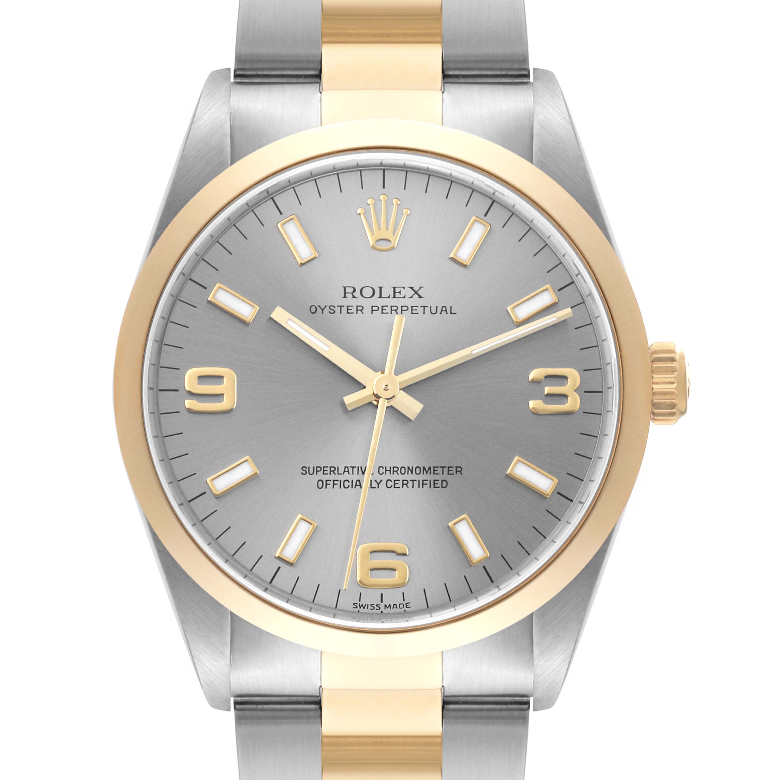 This image shows a Rolex Oyster Perpetual 14203 Men's Steel and Gold (two tone) Grey Dial 14203 Men's Steel and Gold (two tone) Grey Dial watch from a front angle, displaying its face, bezel, crown, and part of the bracelet.
