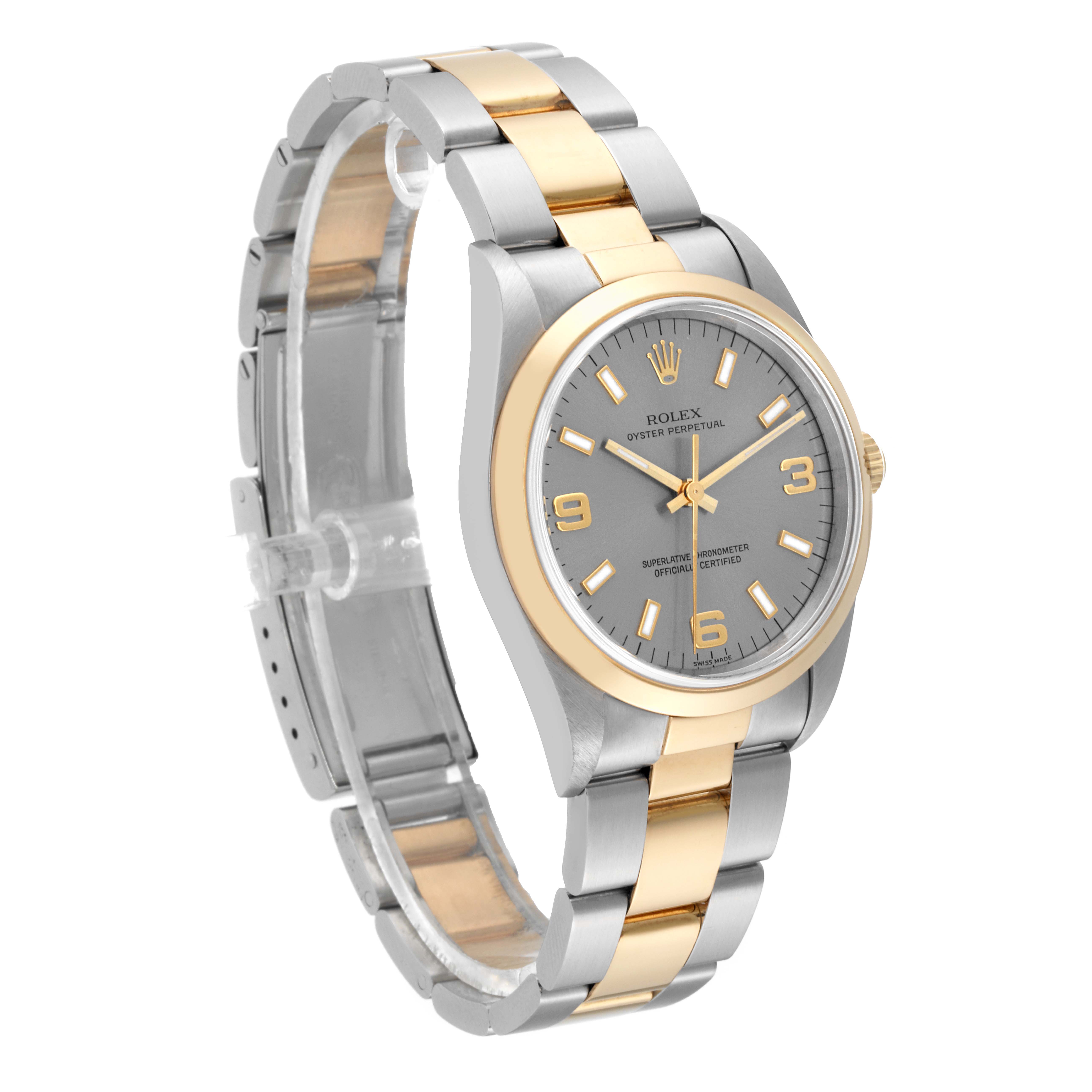 The image shows a side angle view of a Rolex Oyster Perpetual 14203 Men's Steel and Gold (two tone) Grey Dial 14203 Men's Steel and Gold (two tone) Grey Dial watch with a two-tone bracelet.