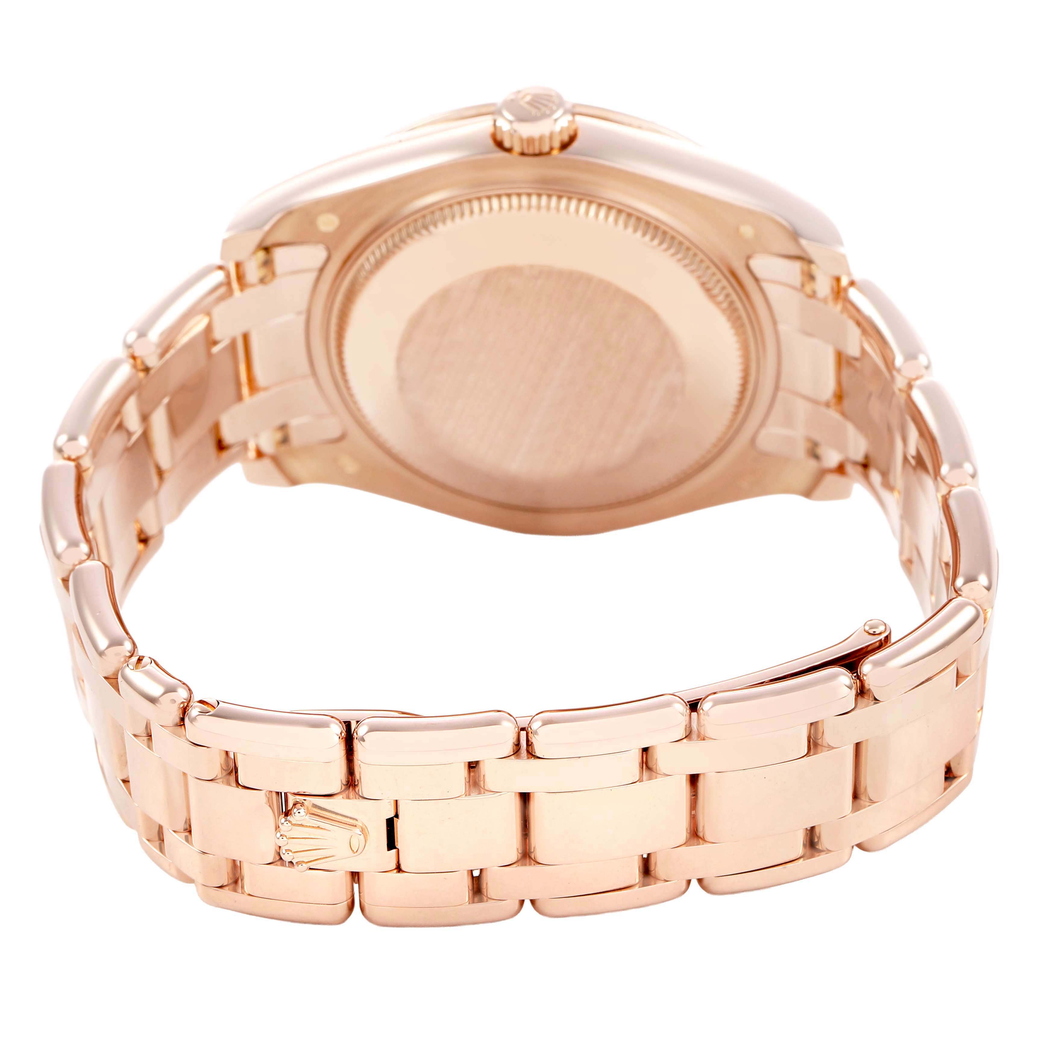 The image shows the back of a Rolex Pearlmaster 81315 Women's Rose Gold Mother of Pearl Dial watch, highlighting the clasp and bracelet links.