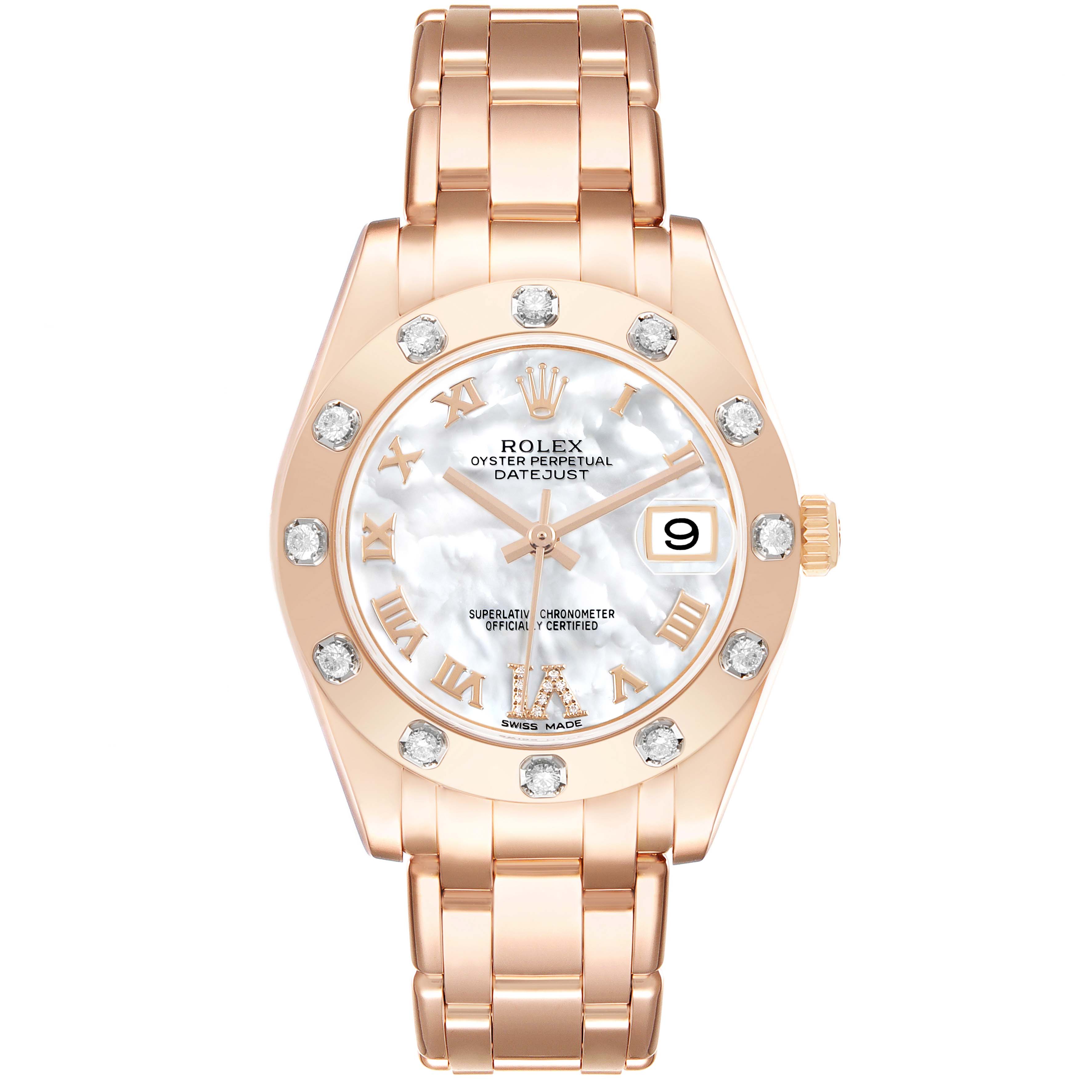 The Rolex Pearlmaster 81315 Women's Rose Gold Mother of Pearl Dial watch is shown from a top view, displaying the dial, bezel, bracelet, and crown.